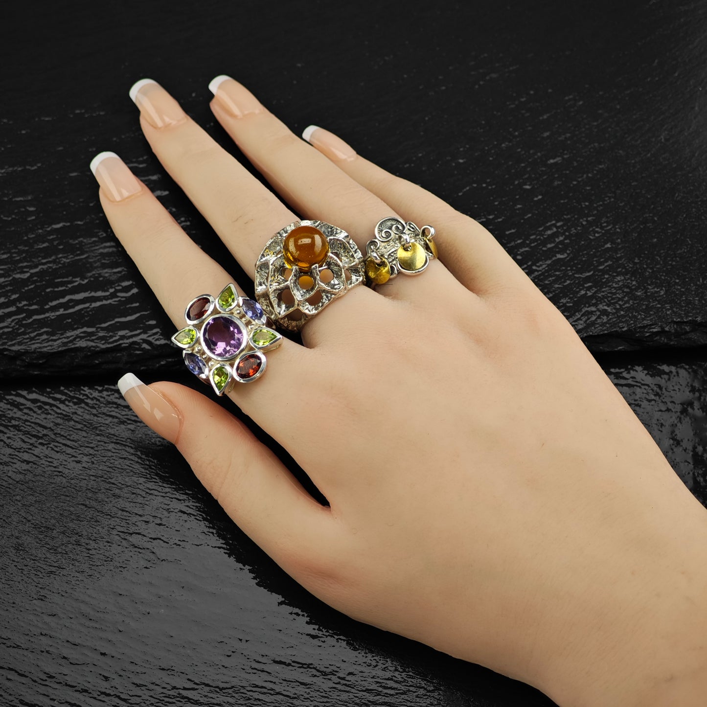 Multi- Gemstone Ring Sterling Silver Sz 7 1/2 R6375