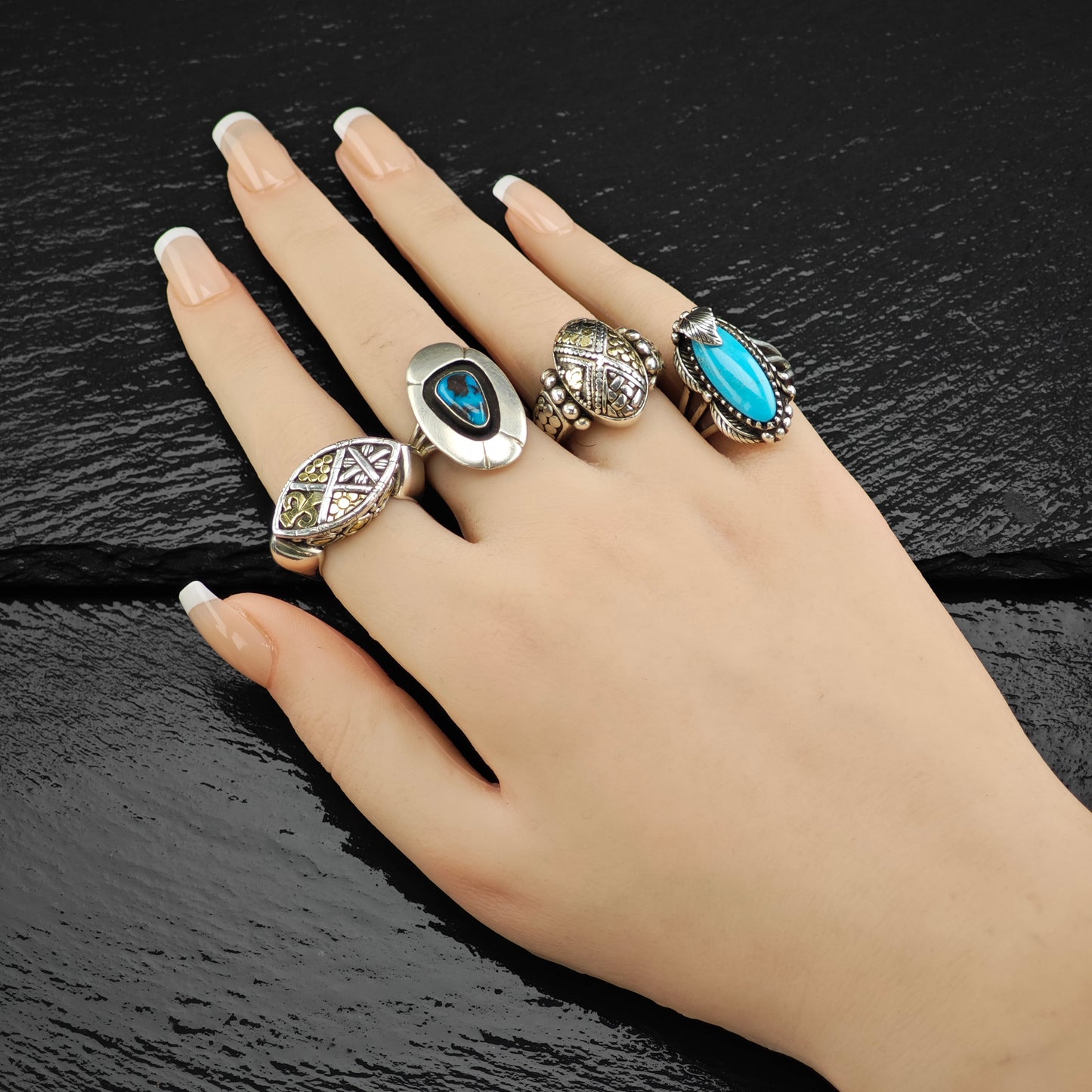 Native American Bisbee Turquoise, Shadow Box Ring Sterling Silver Sz 7 R6380