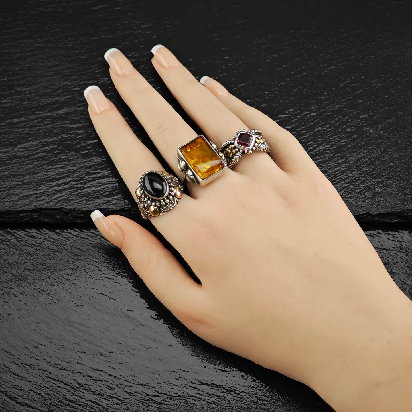 Art Nouveau Style Amber Ring Sterling Silver Sz 6 1/2 R6389