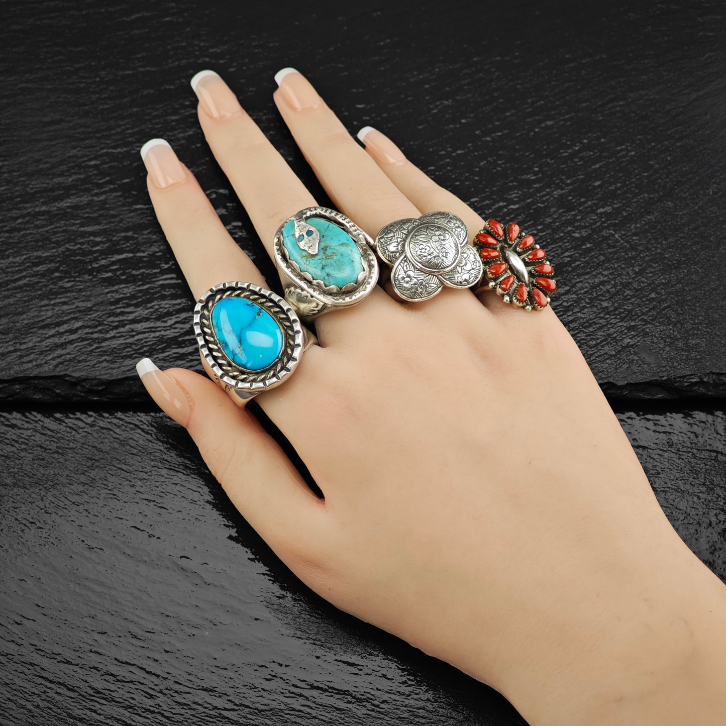 Native American Coral Cluster Ring Sterling Silver Sz 7 R6394
