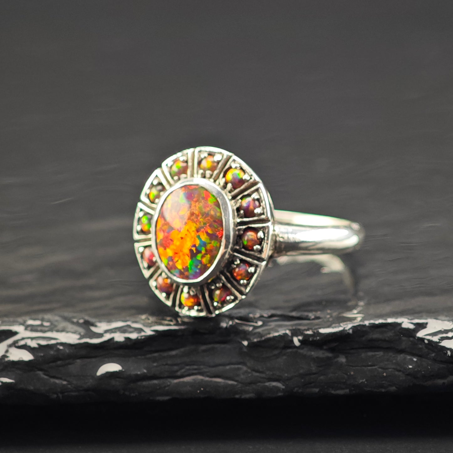 Lab Black Opal Ring Sterling Silver Sz 6 1/2 R6362
