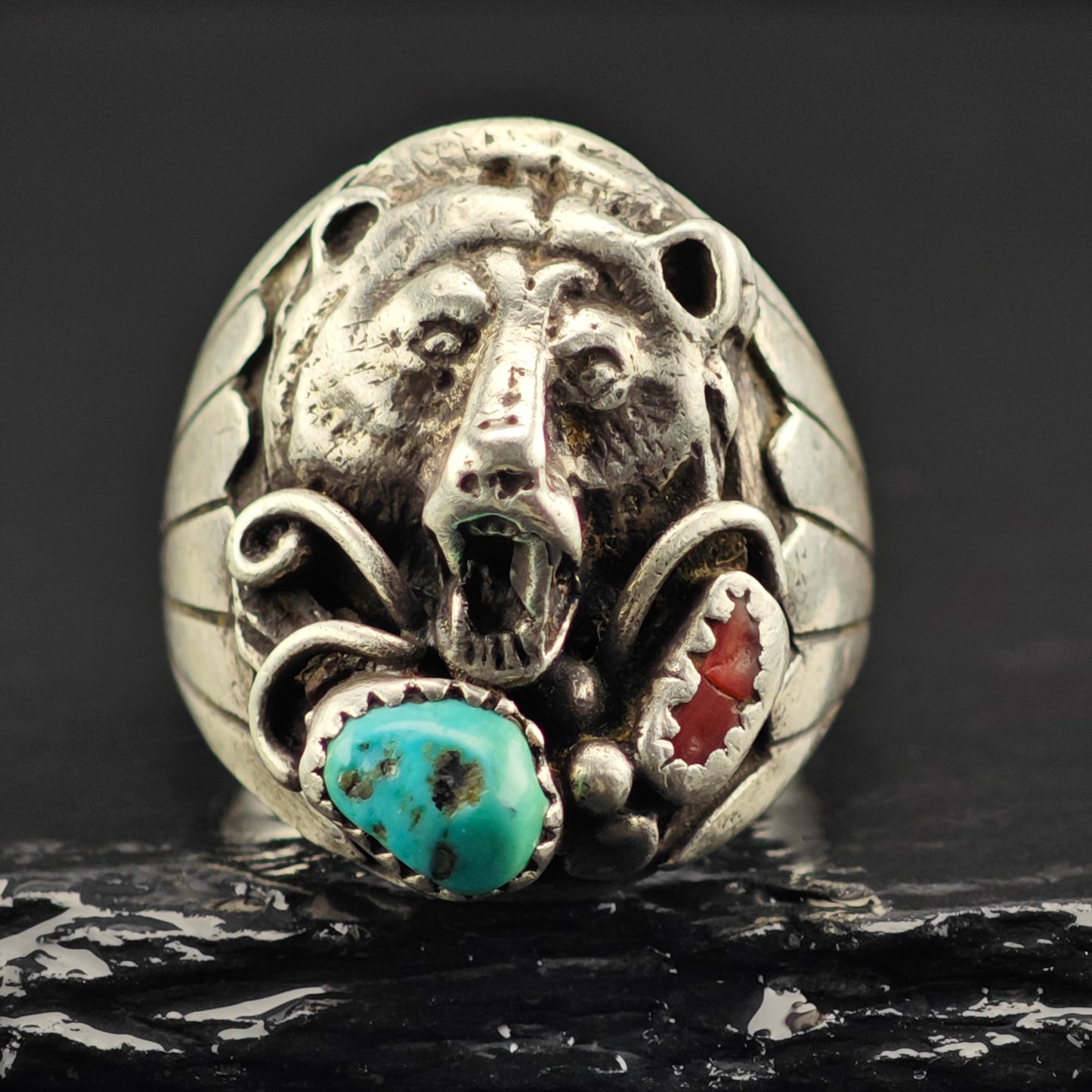 Native American Silver Bear Turquoise Coral Ring Sterling Sz 11 R6398