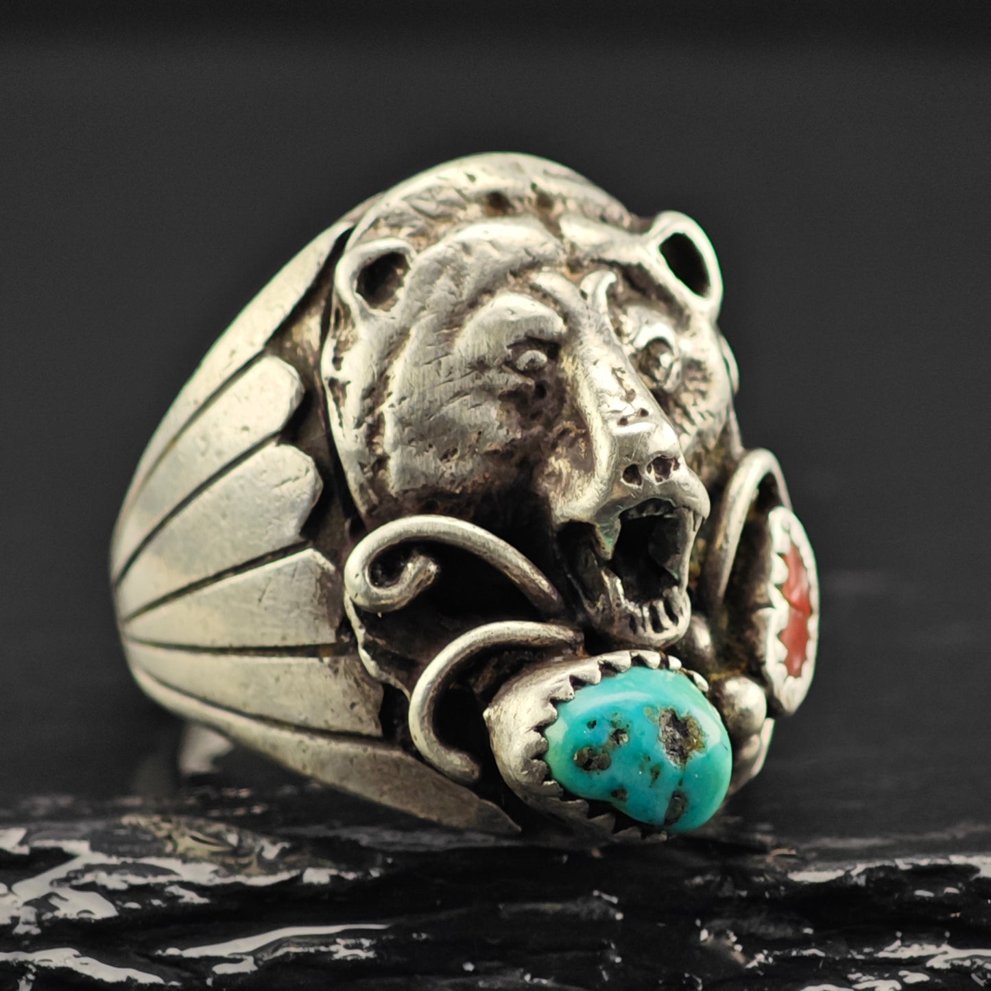 Native American Silver Bear Turquoise Coral Ring Sterling Sz 11 R6398