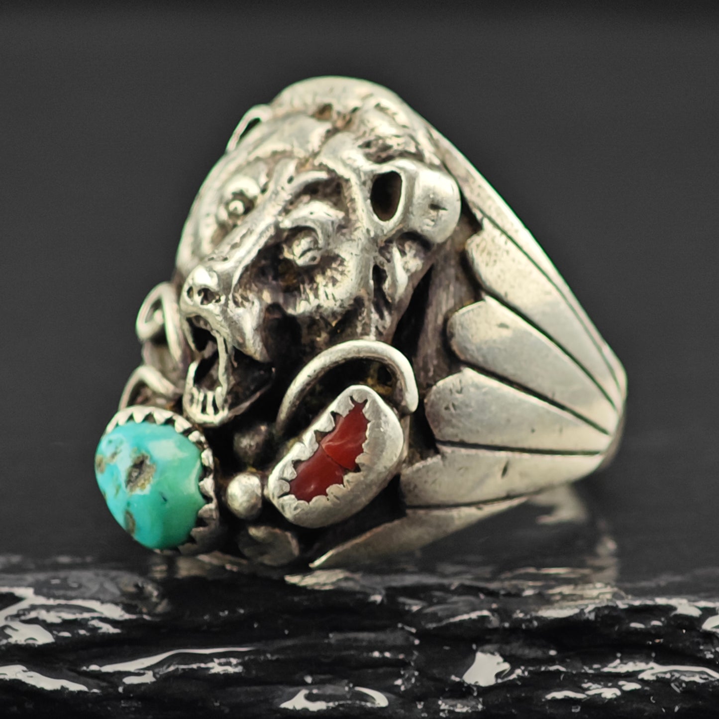 Native American Silver Bear Turquoise Coral Ring Sterling Sz 11 R6398