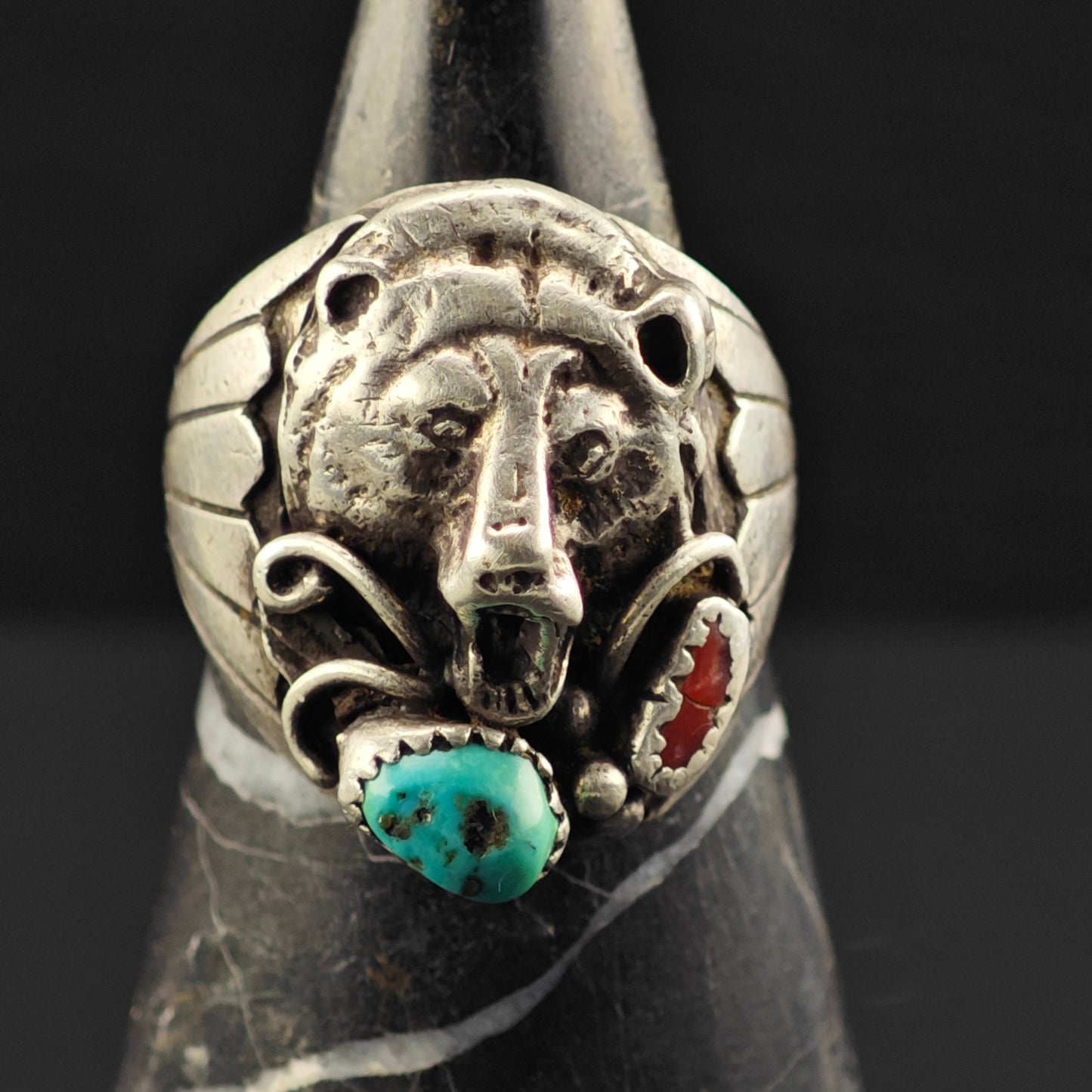 Native American Silver Bear Turquoise Coral Ring Sterling Sz 11 R6398