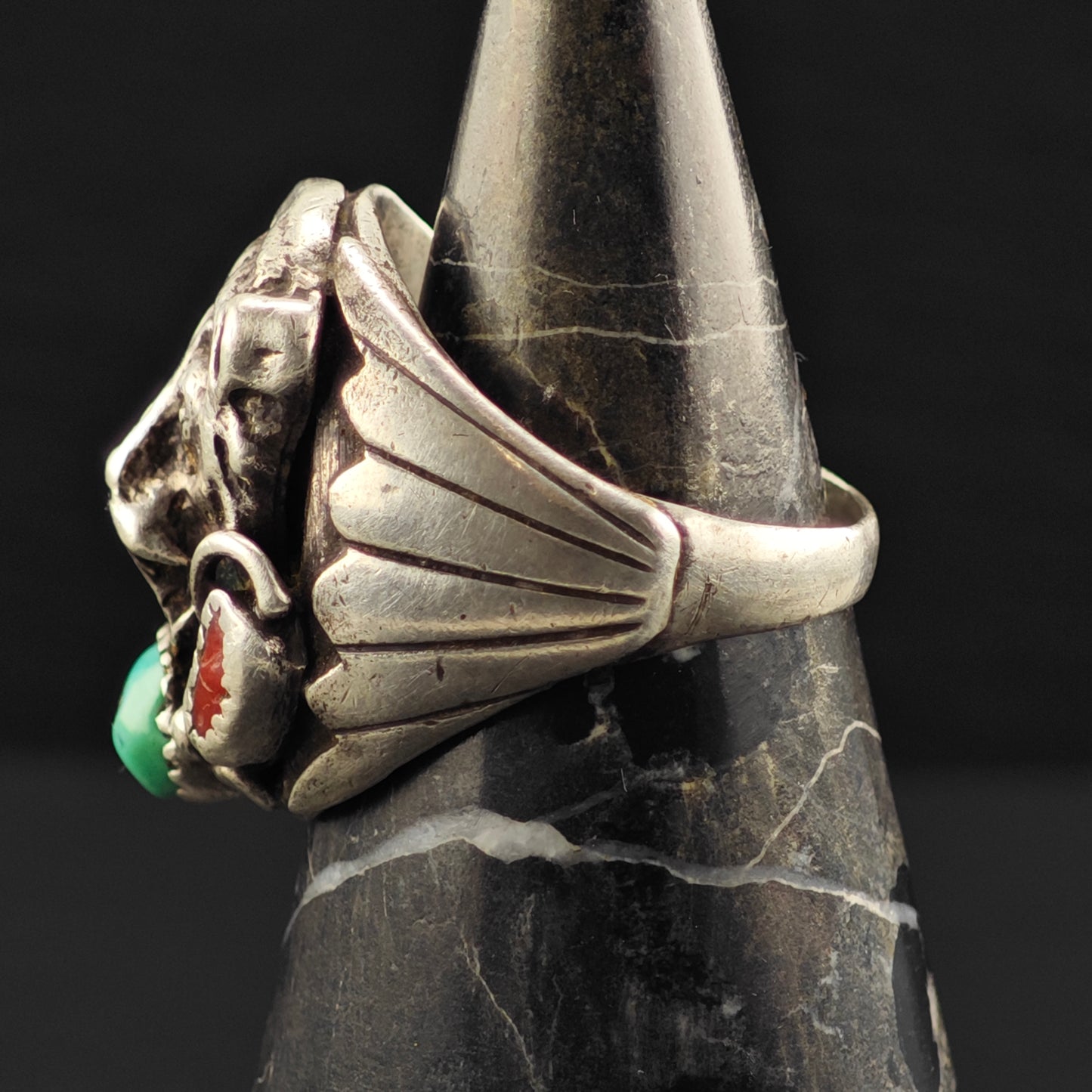 Native American Silver Bear Turquoise Coral Ring Sterling Sz 11 R6398