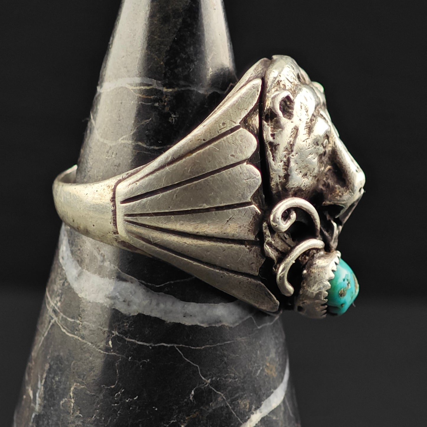 Native American Silver Bear Turquoise Coral Ring Sterling Sz 11 R6398