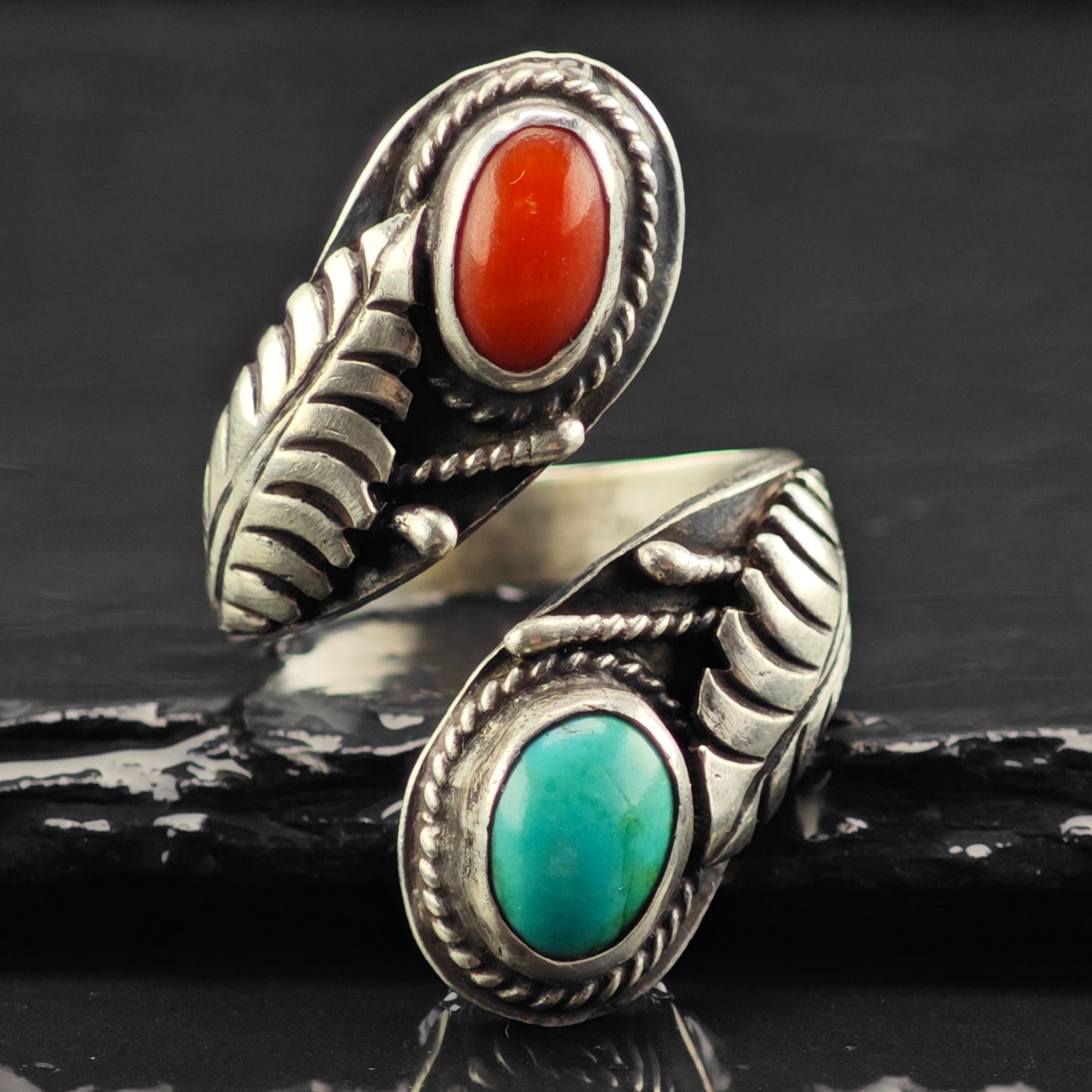 Sw Wrap Turquoise Coral Ring Sterling Silver Sz 9 1/2 R6400