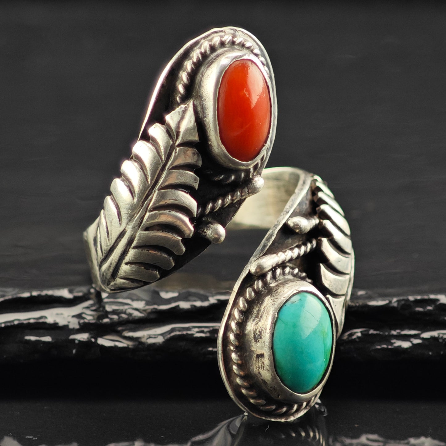 Sw Wrap Turquoise Coral Ring Sterling Silver Sz 9 1/2 R6400