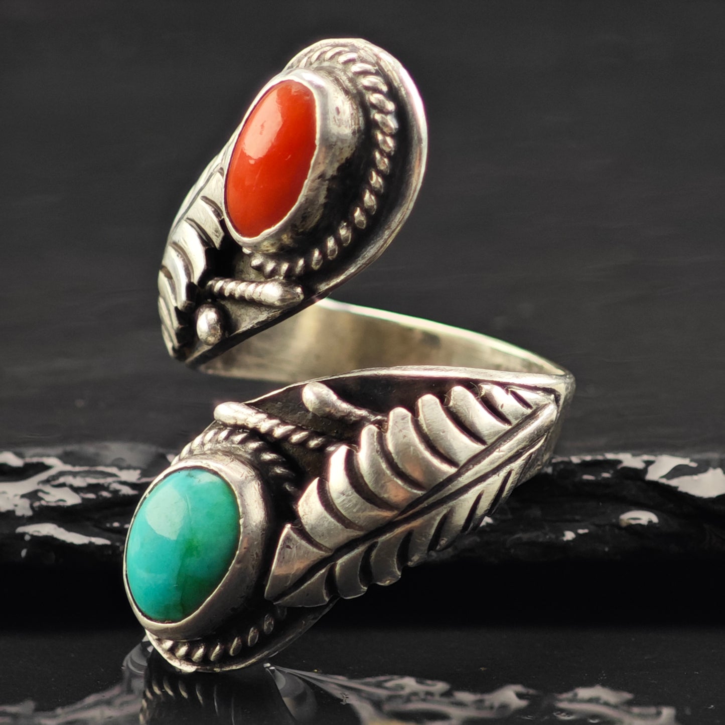 Sw Wrap Turquoise Coral Ring Sterling Silver Sz 9 1/2 R6400
