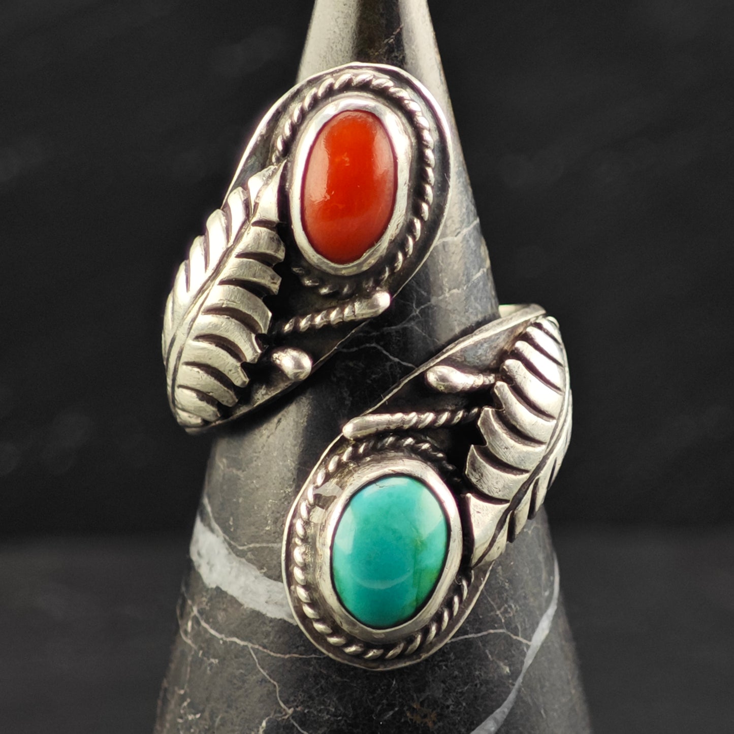 Sw Wrap Turquoise Coral Ring Sterling Silver Sz 9 1/2 R6400