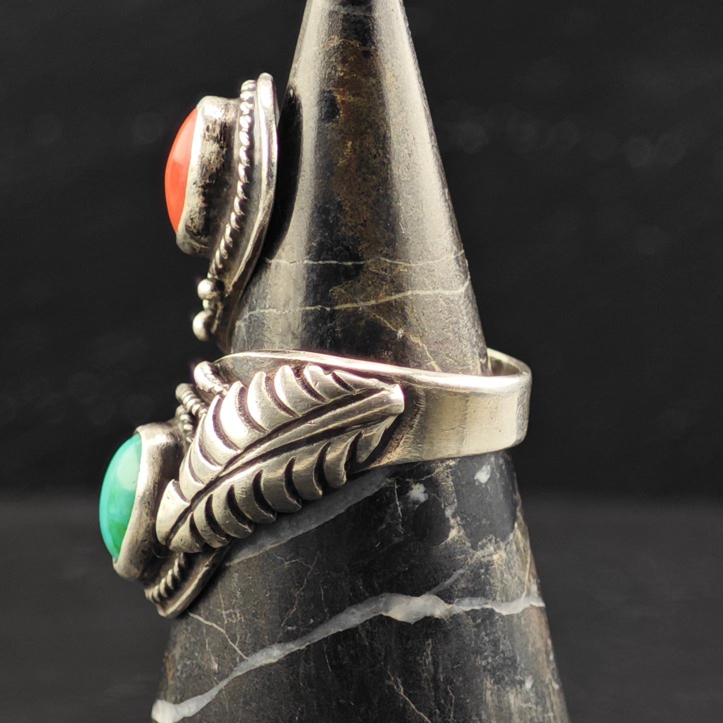 Sw Wrap Turquoise Coral Ring Sterling Silver Sz 9 1/2 R6400