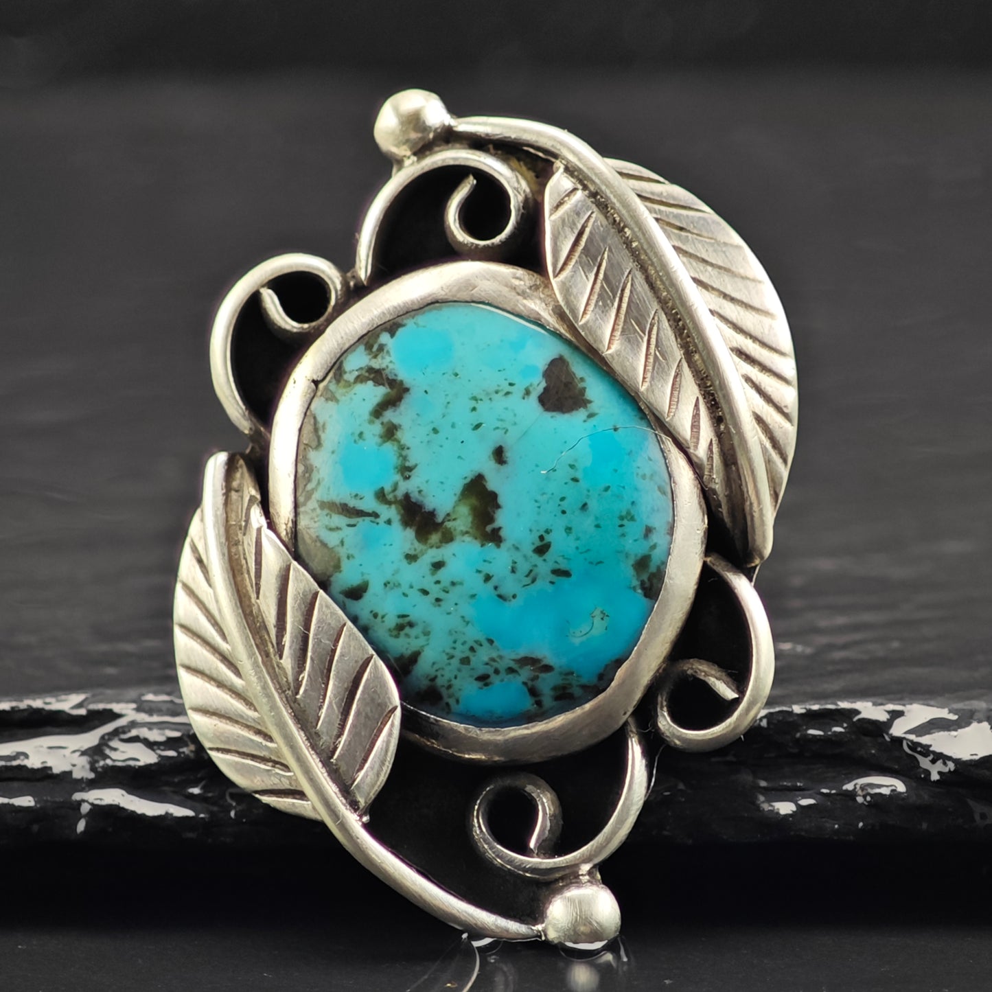 Sw Leaf Turquoise Ring Sterling Silver Sz 7 R6402