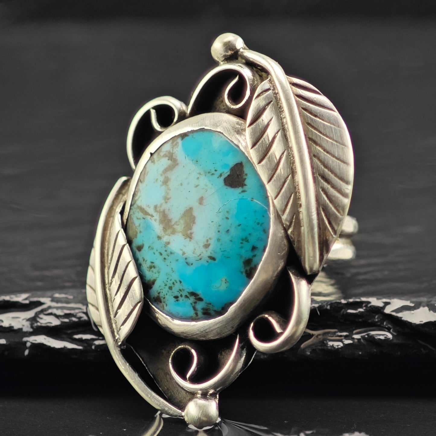 Sw Leaf Turquoise Ring Sterling Silver Sz 7 R6402