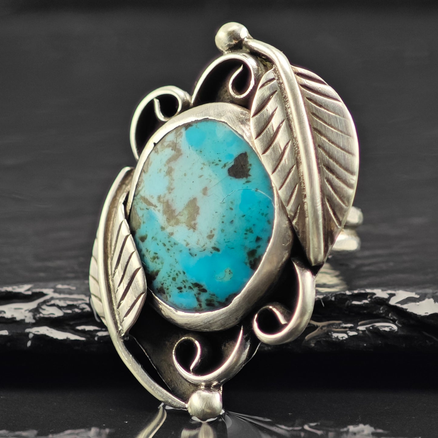Sw Leaf Turquoise Ring Sterling Silver Sz 7 R6402