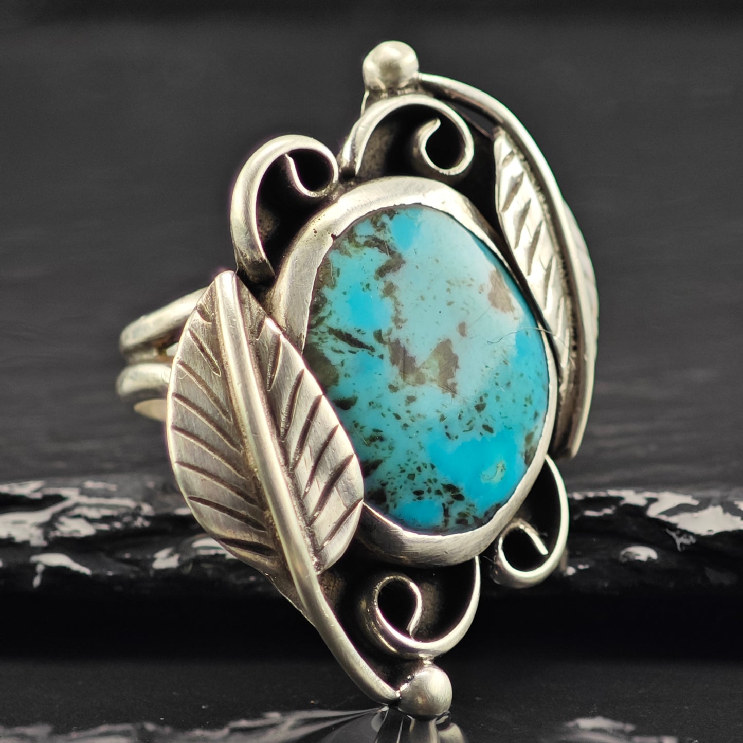 Sw Leaf Turquoise Ring Sterling Silver Sz 7 R6402
