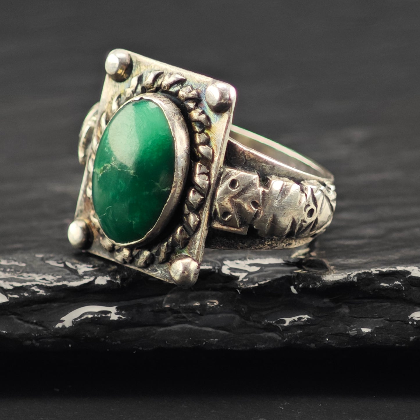 Fred Harvey Era Green Turquoise Ring Sterling Silver Sz 7 R6405