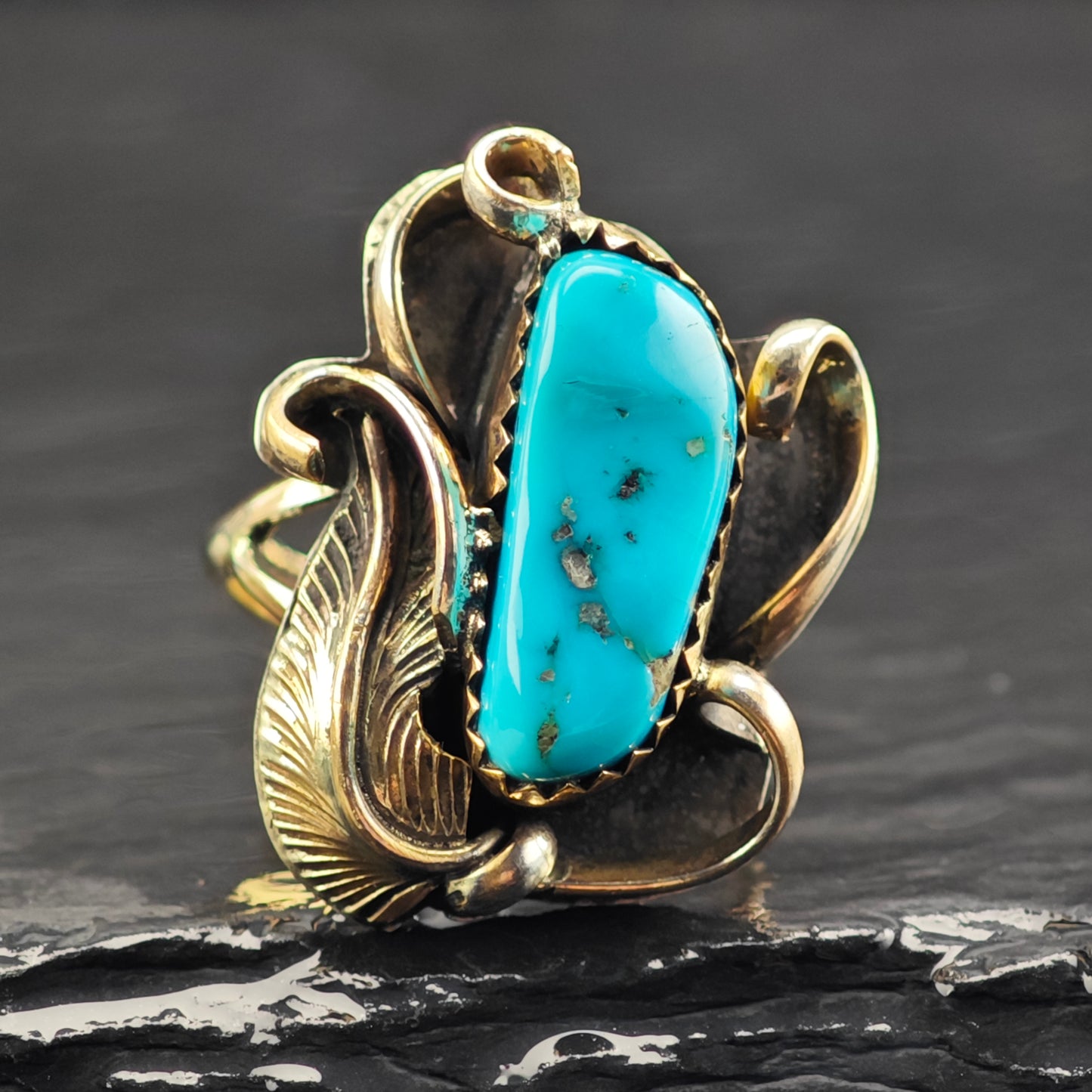 Native American Gold Platted Turquoise Ring Sterling Silver Sz 6 R6407