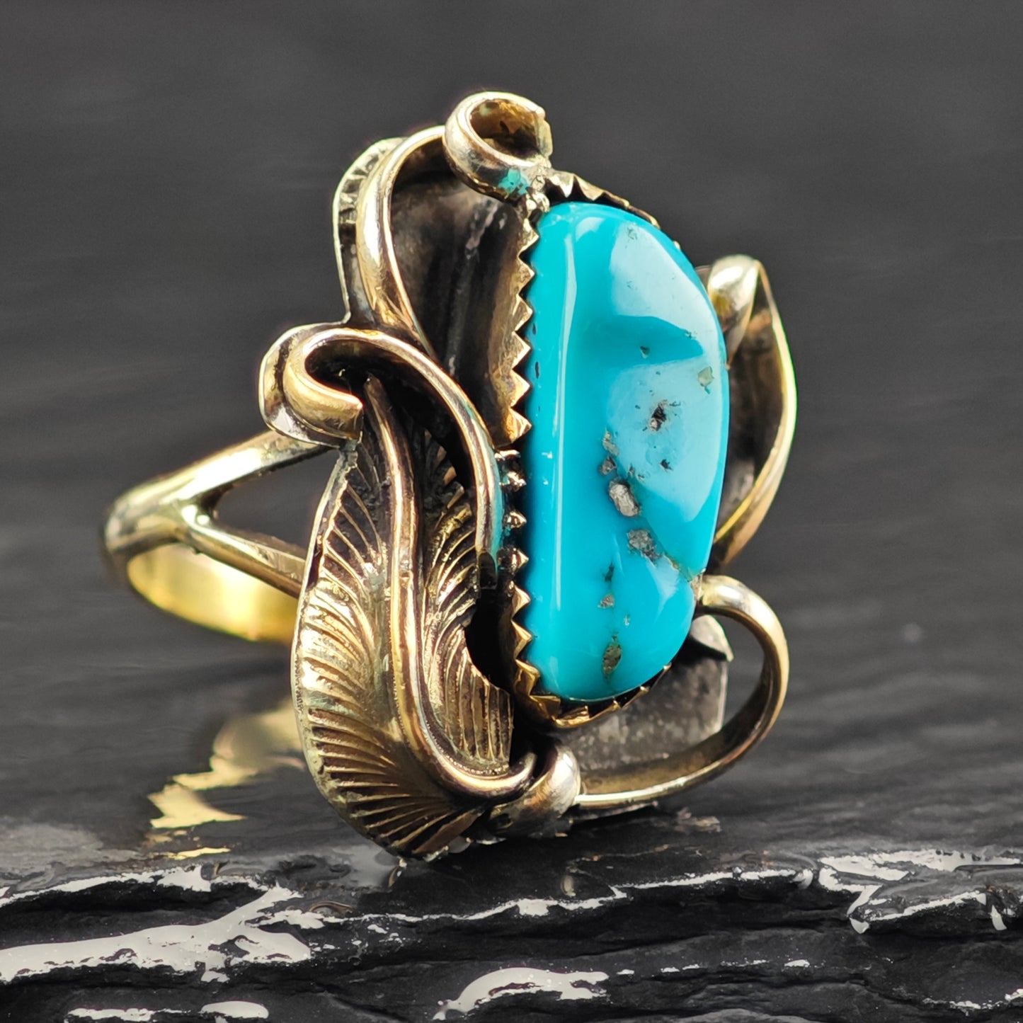 Native American Gold Platted Turquoise Ring Sterling Silver Sz 6 R6407