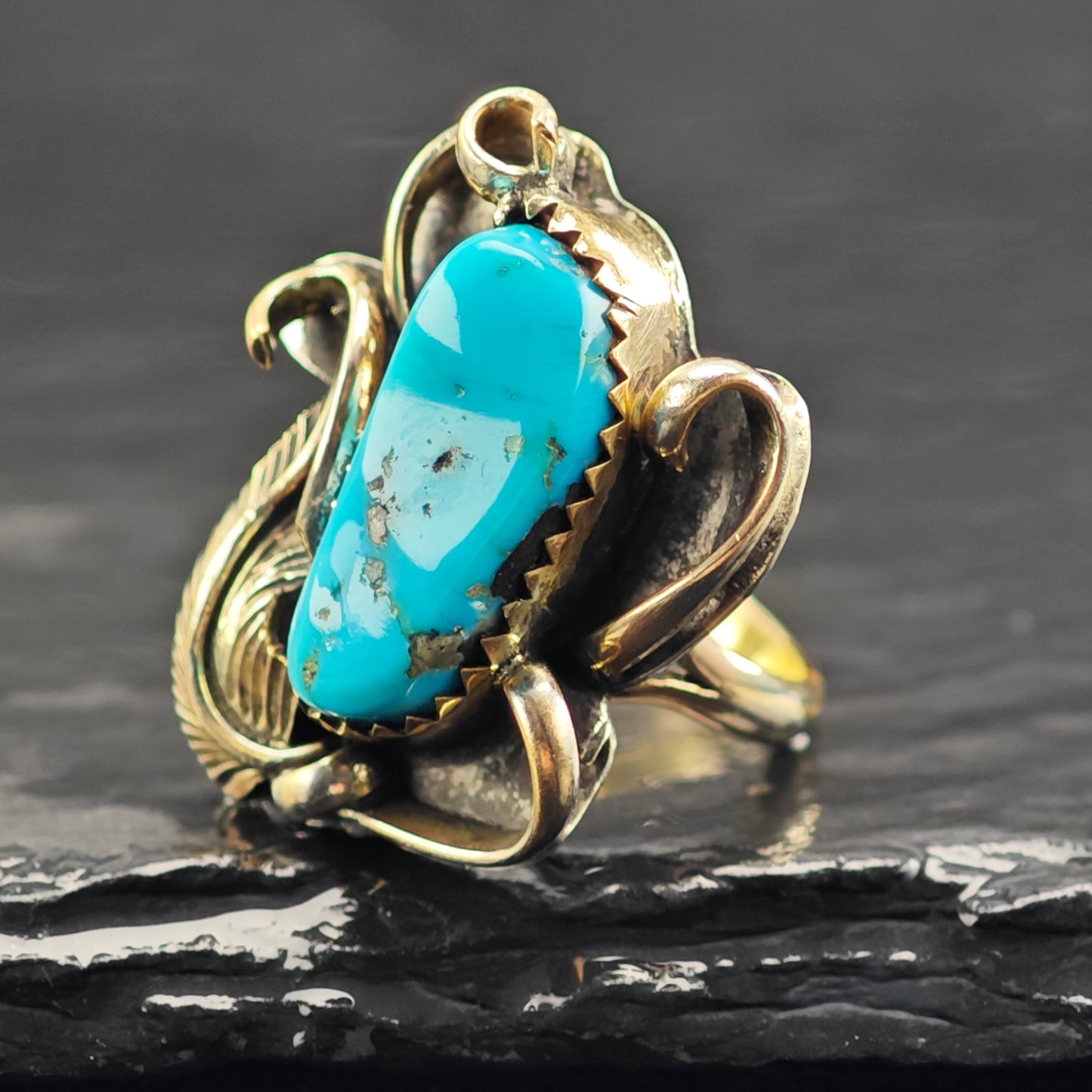 Native American Gold Platted Turquoise Ring Sterling Silver Sz 6 R6407