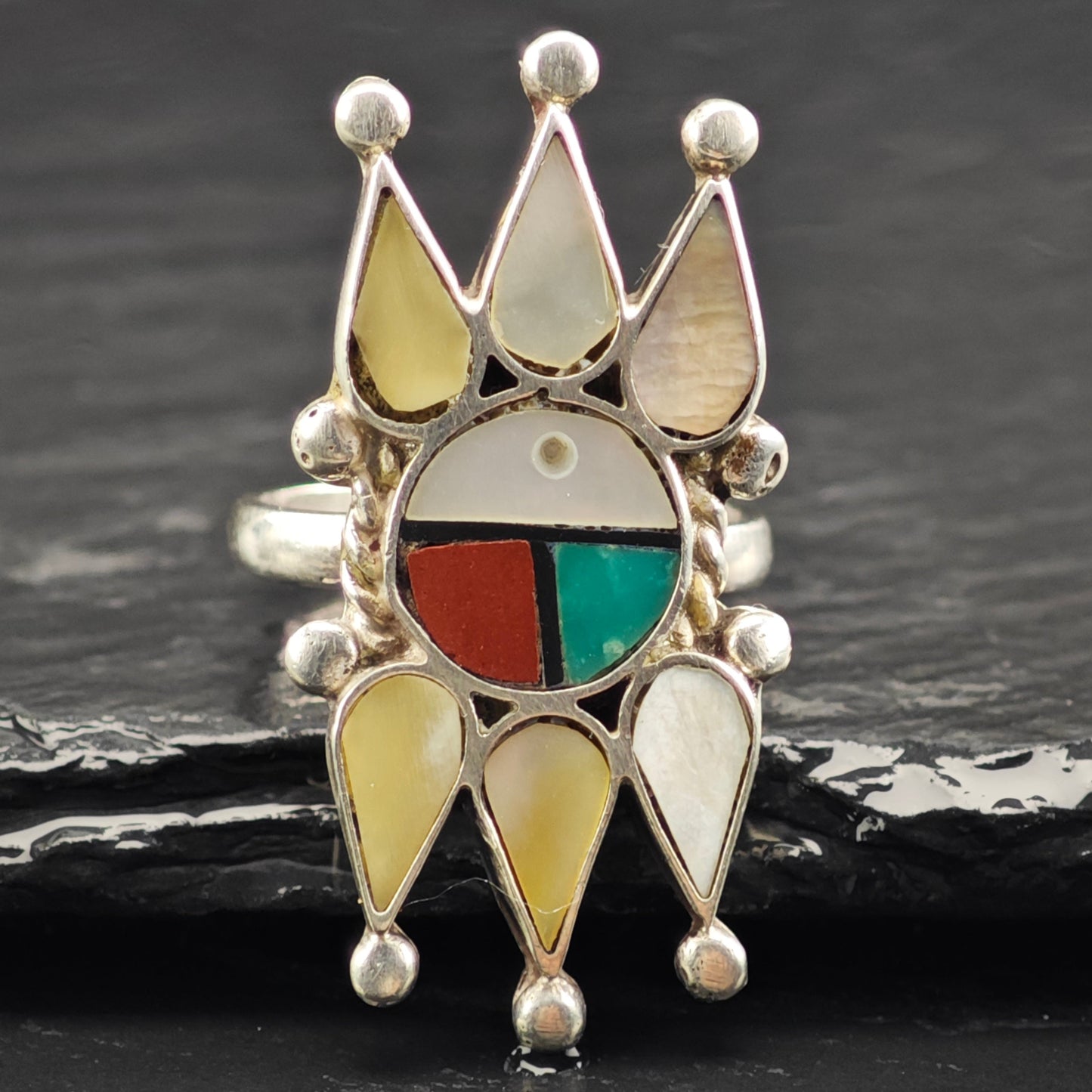 Zuni Sunface Inlay Ring Sterling Silver Sz 7 R6408