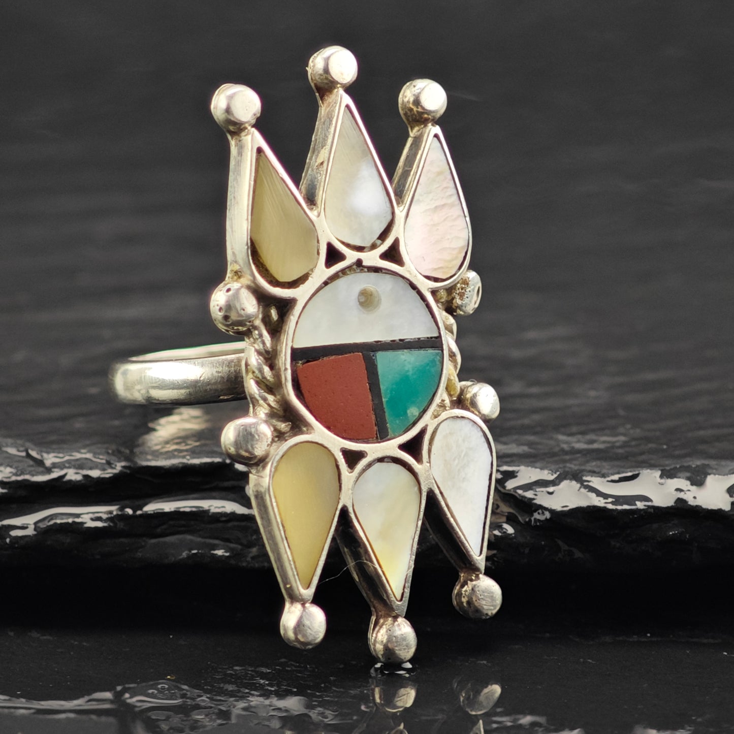 Zuni Sunface Inlay Ring Sterling Silver Sz 7 R6408