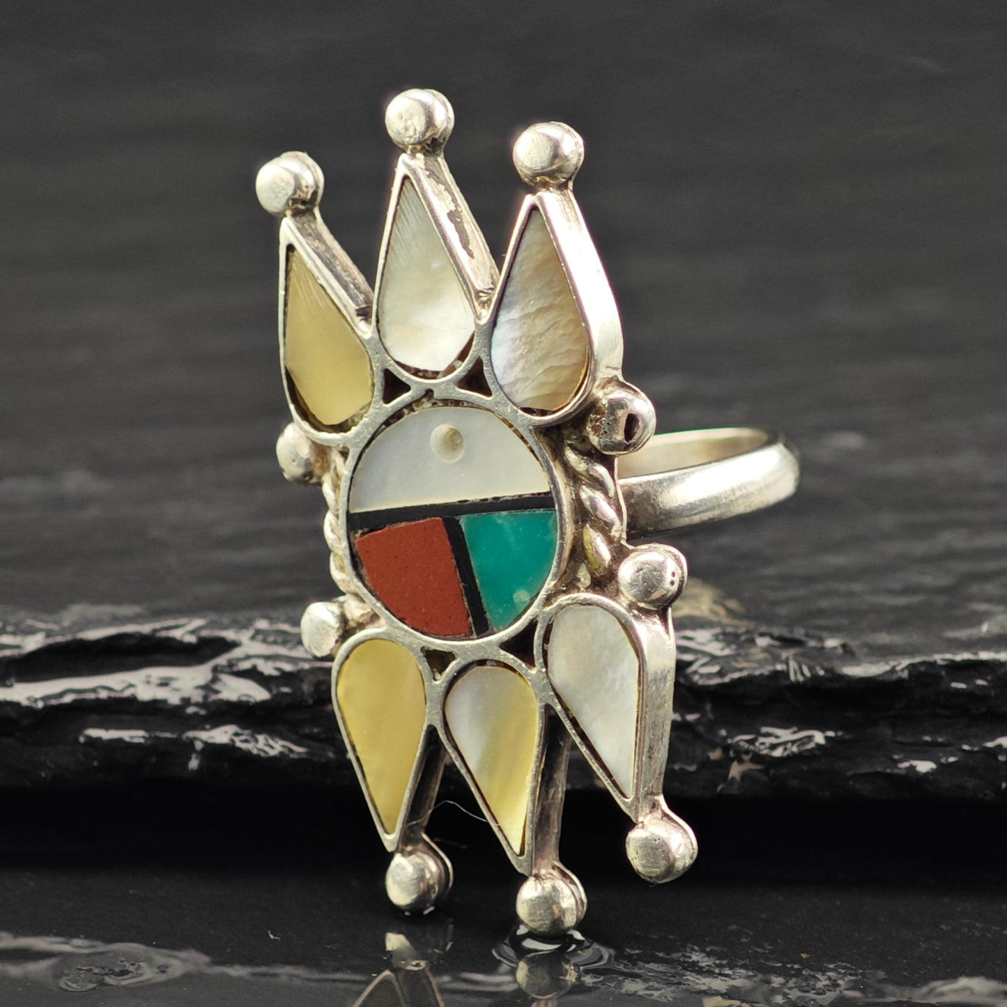 Zuni Sunface Inlay Ring Sterling Silver Sz 7 R6408