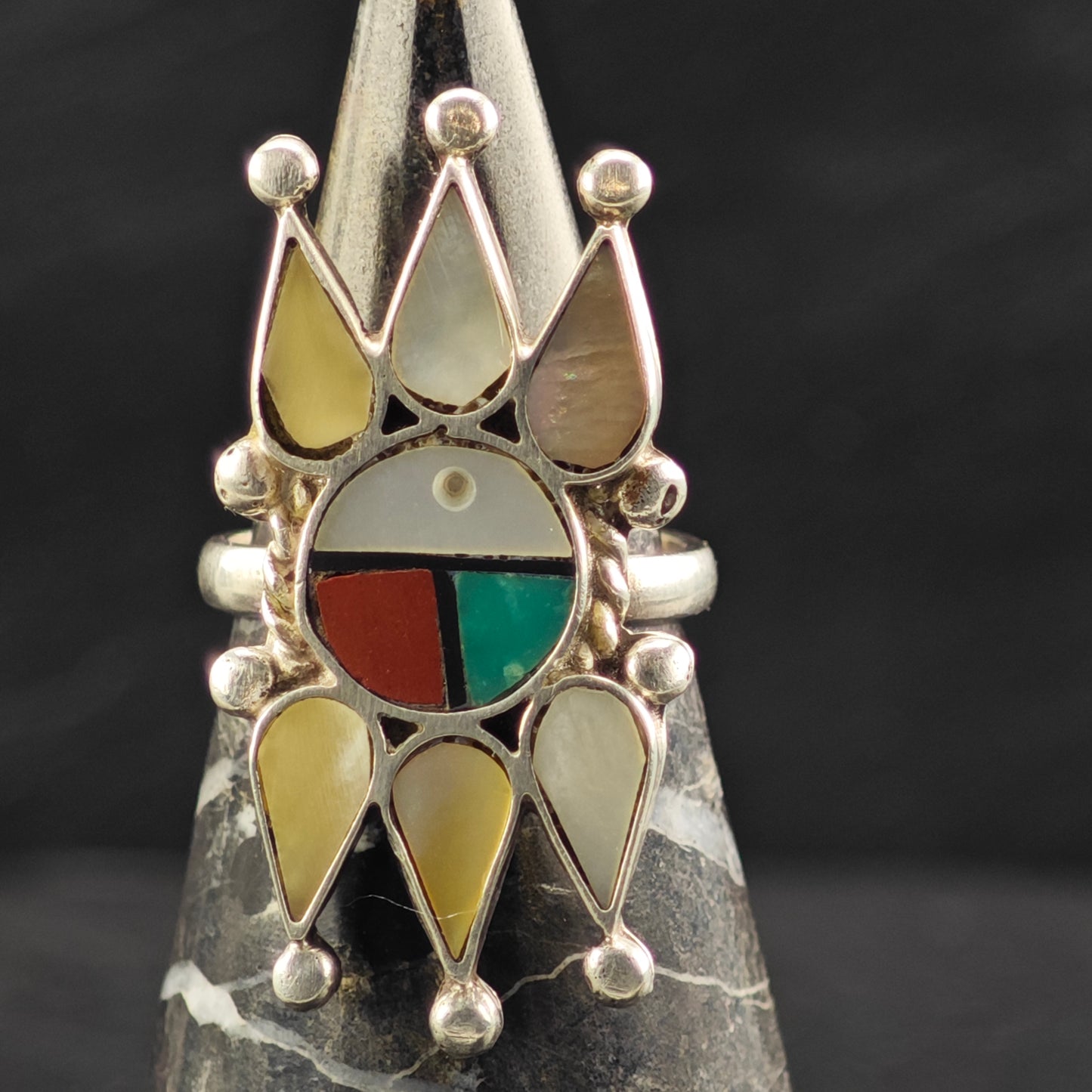Zuni Sunface Inlay Ring Sterling Silver Sz 7 R6408
