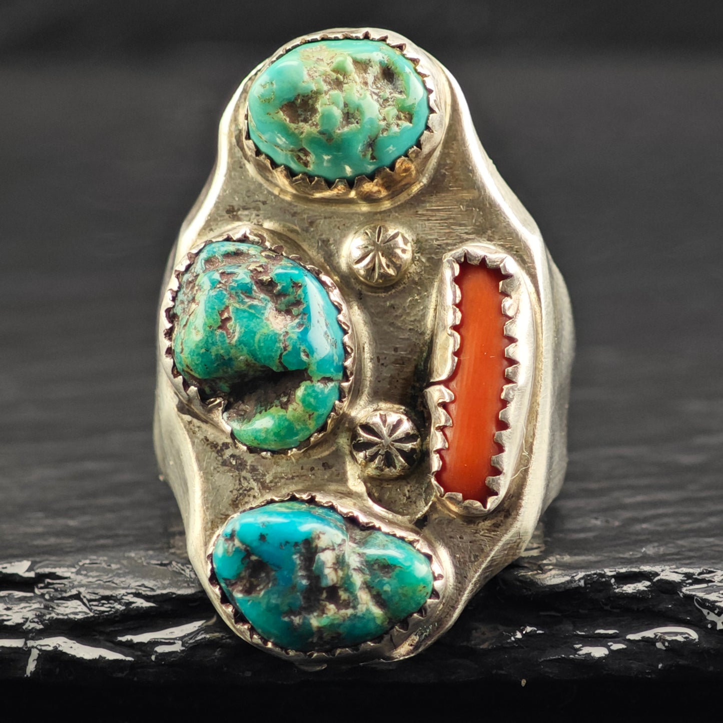 Native American Multi Stone Turquoise Coral Ring Sterling Silver Sz 12 R6409