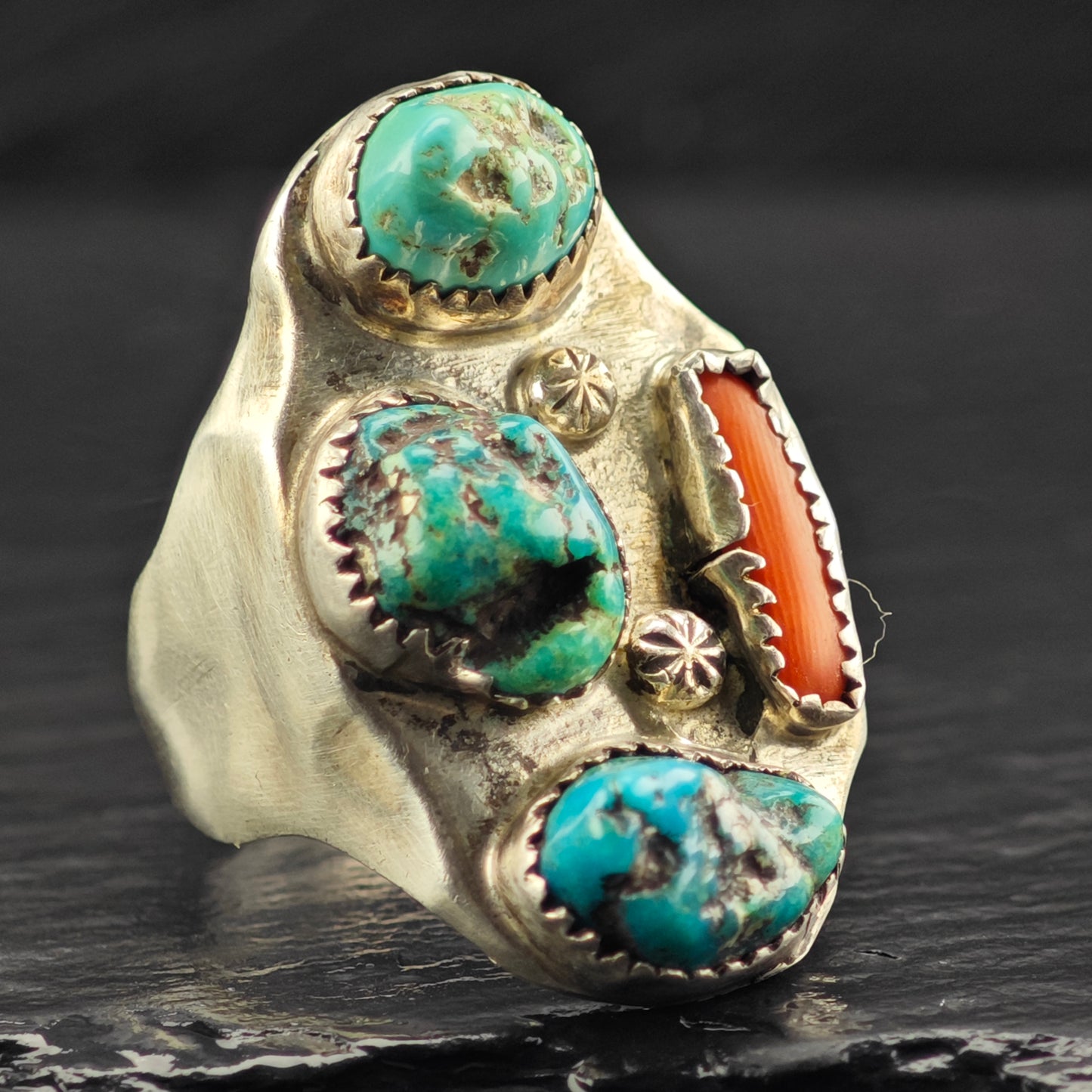 Native American Multi Stone Turquoise Coral Ring Sterling Silver Sz 12 R6409