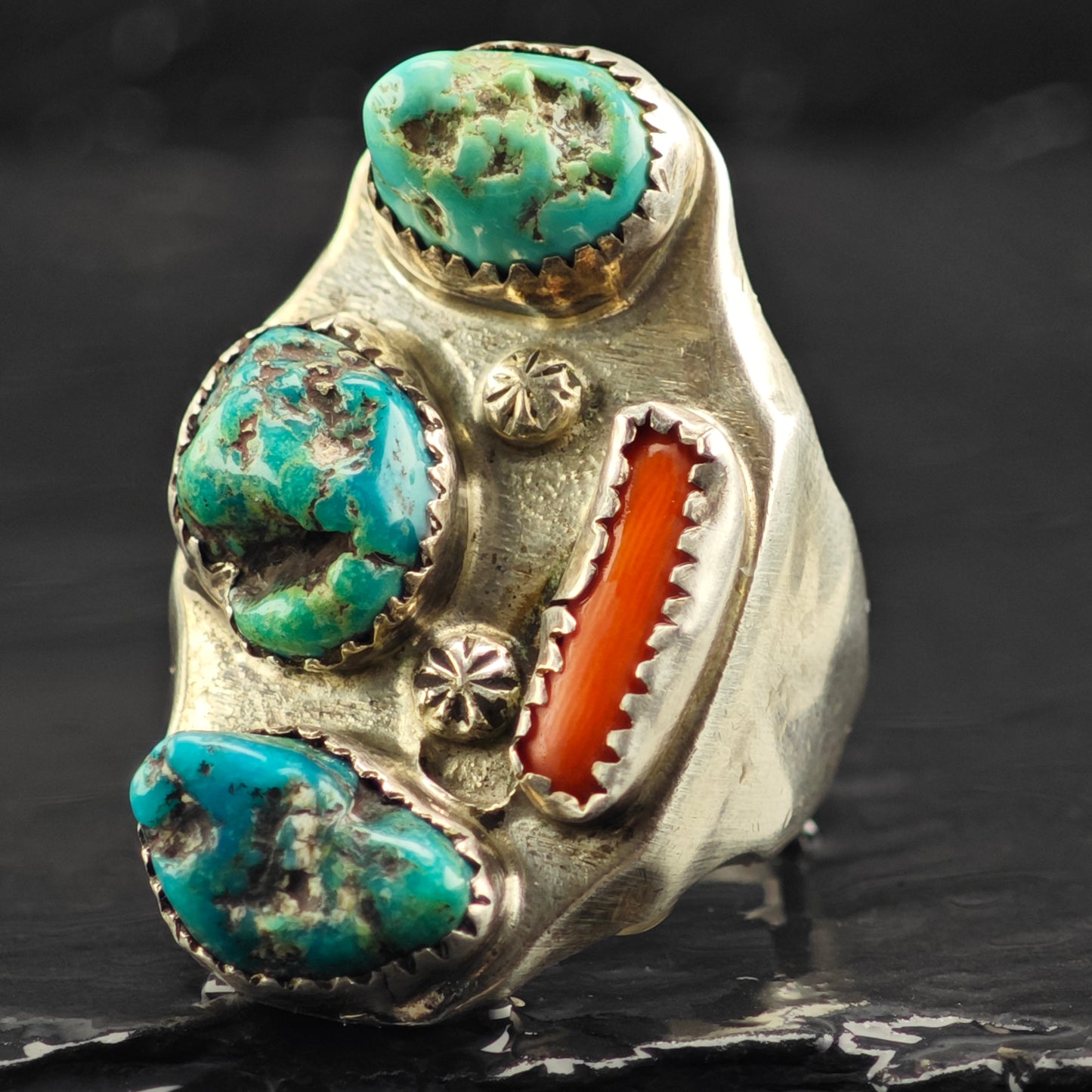Native American Multi Stone Turquoise Coral Ring Sterling Silver Sz 12 R6409
