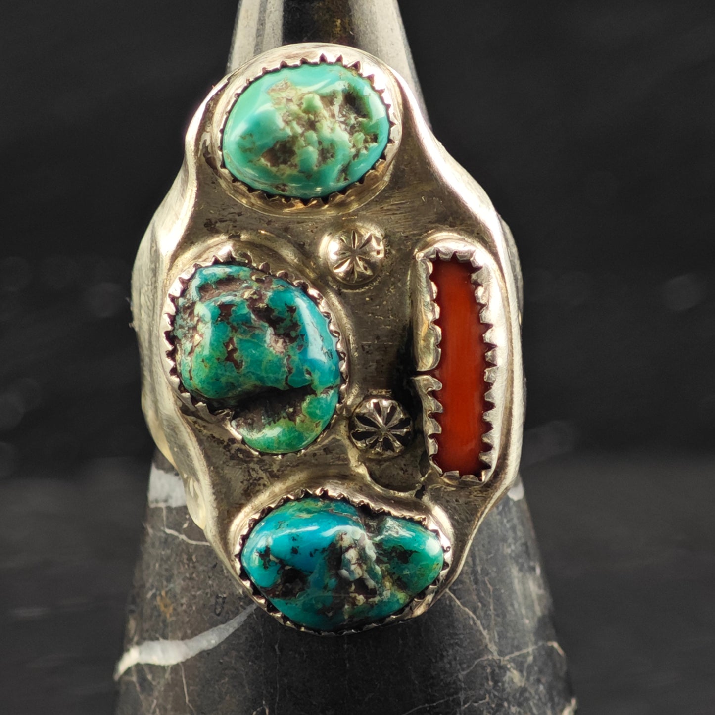 Native American Multi Stone Turquoise Coral Ring Sterling Silver Sz 12 R6409