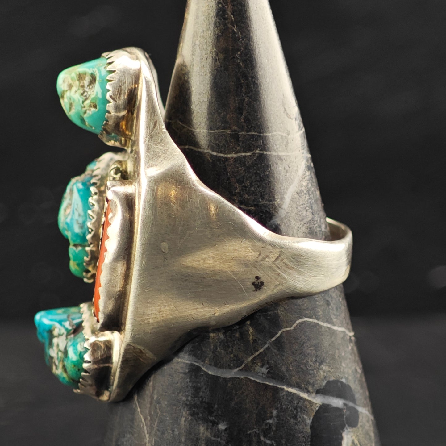 Native American Multi Stone Turquoise Coral Ring Sterling Silver Sz 12 R6409