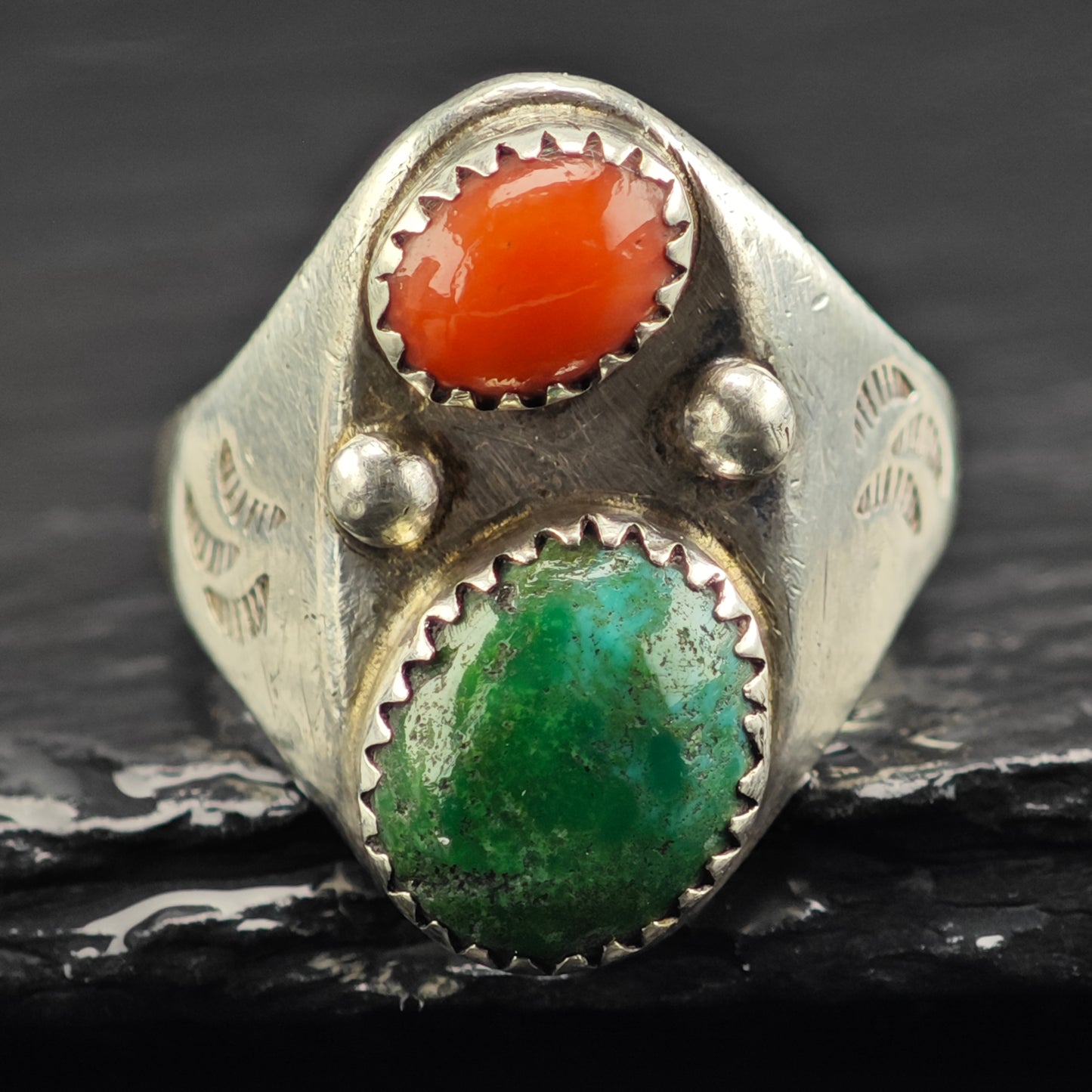 Sw Green Turquoise Coral Ring Sterling Silver Sz 9 R6414