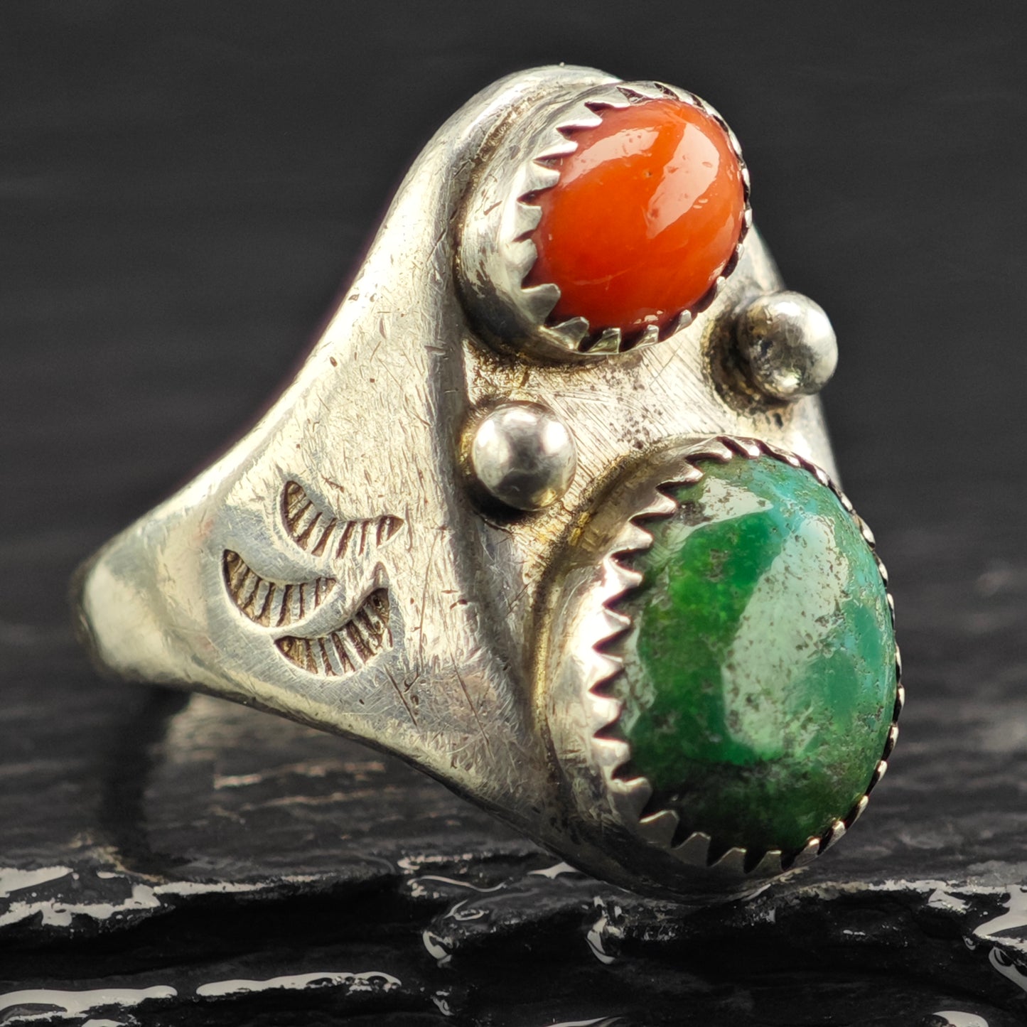 Sw Green Turquoise Coral Ring Sterling Silver Sz 9 R6414