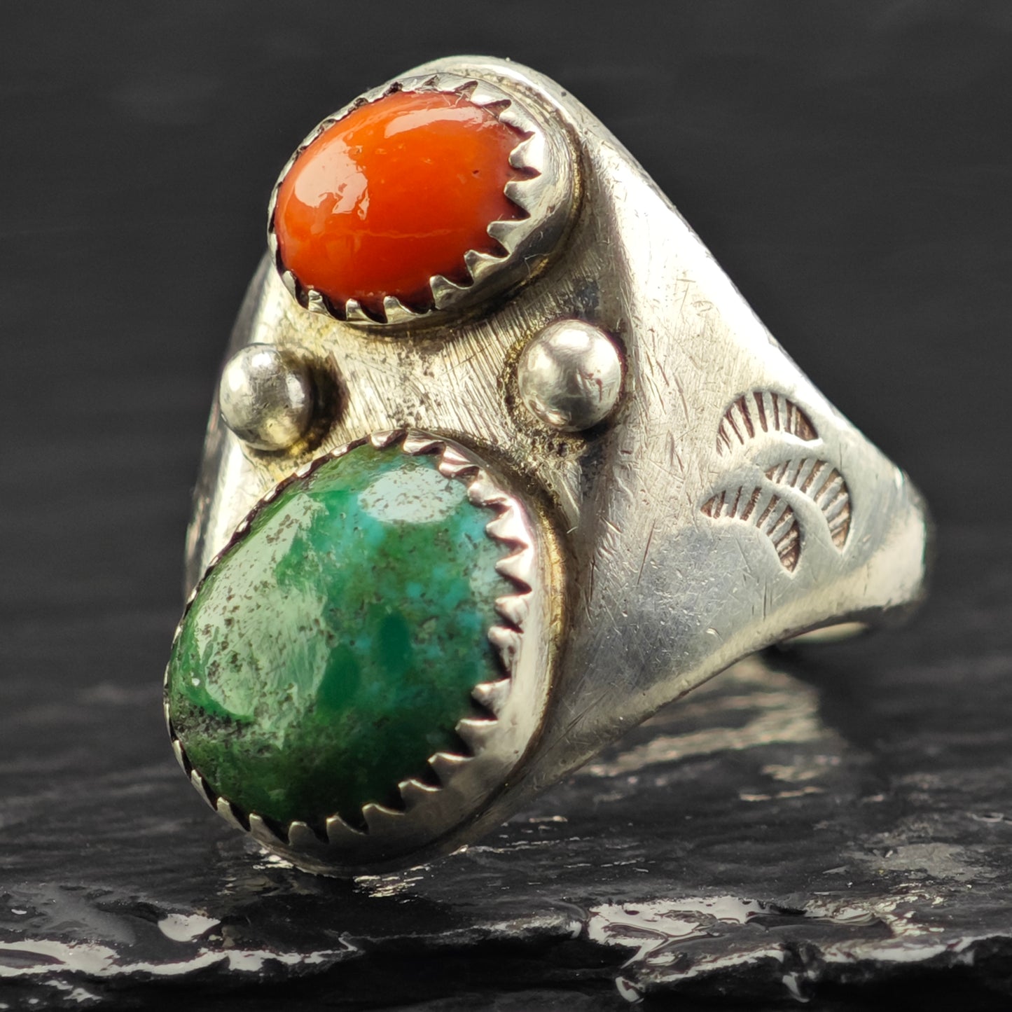 Sw Green Turquoise Coral Ring Sterling Silver Sz 9 R6414