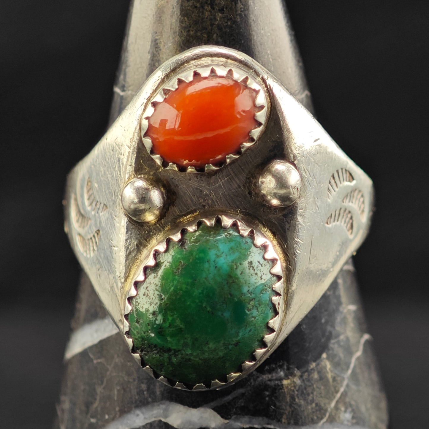 Sw Green Turquoise Coral Ring Sterling Silver Sz 9 R6414