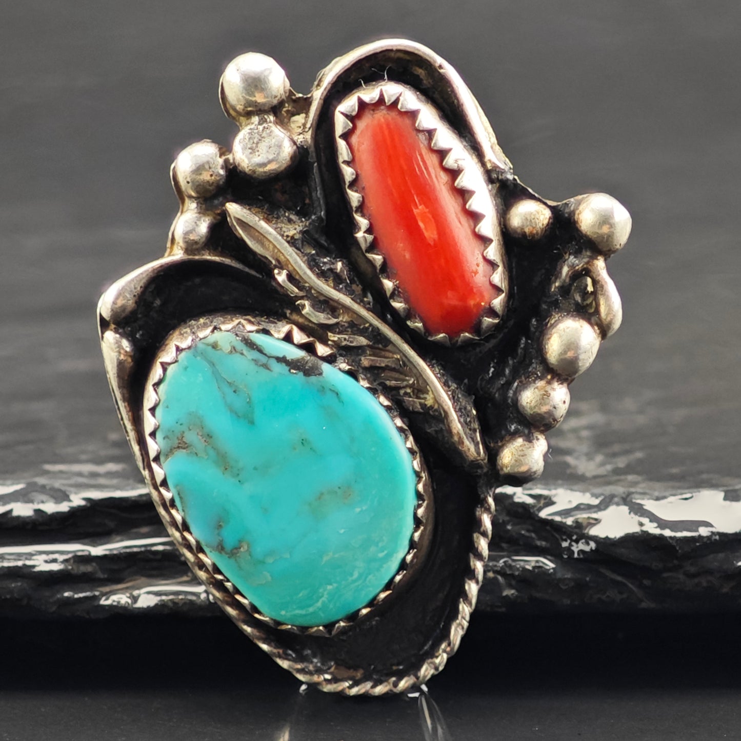 Native American Turquoise Coral Leaf Ring Sterling Silver Sz 7 R6418