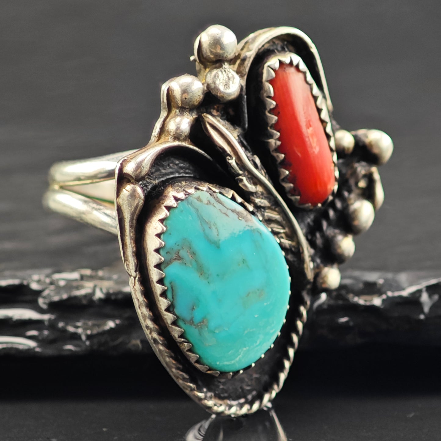 Native American Turquoise Coral Leaf Ring Sterling Silver Sz 7 R6418