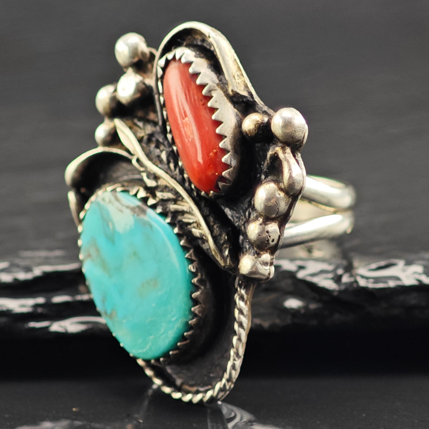 Native American Turquoise Coral Leaf Ring Sterling Silver Sz 7 R6418