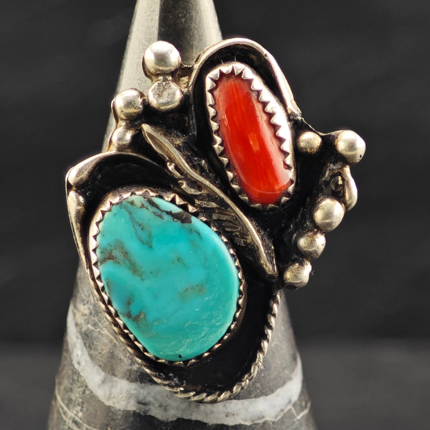 Native American Turquoise Coral Leaf Ring Sterling Silver Sz 7 R6418