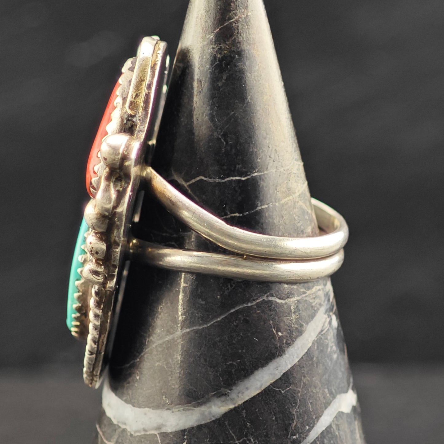 Native American Turquoise Coral Leaf Ring Sterling Silver Sz 7 R6418