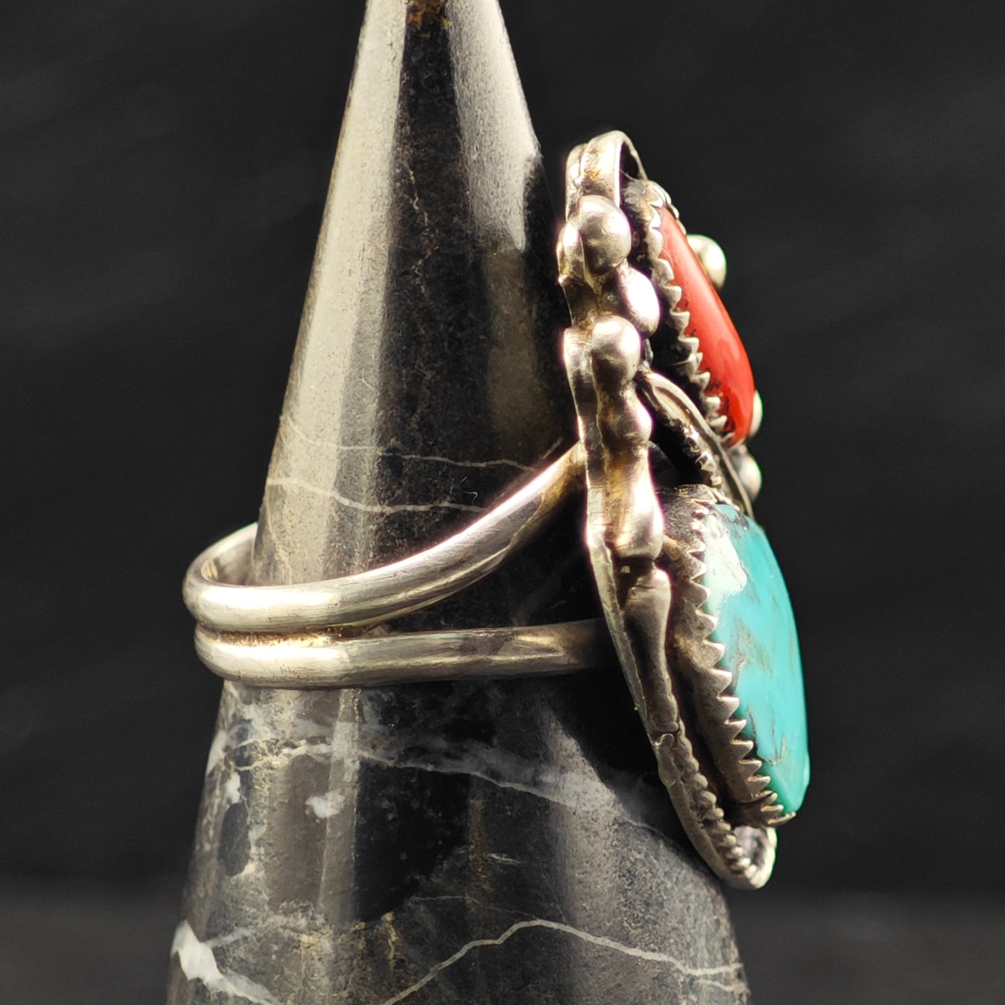 Native American Turquoise Coral Leaf Ring Sterling Silver Sz 7 R6418