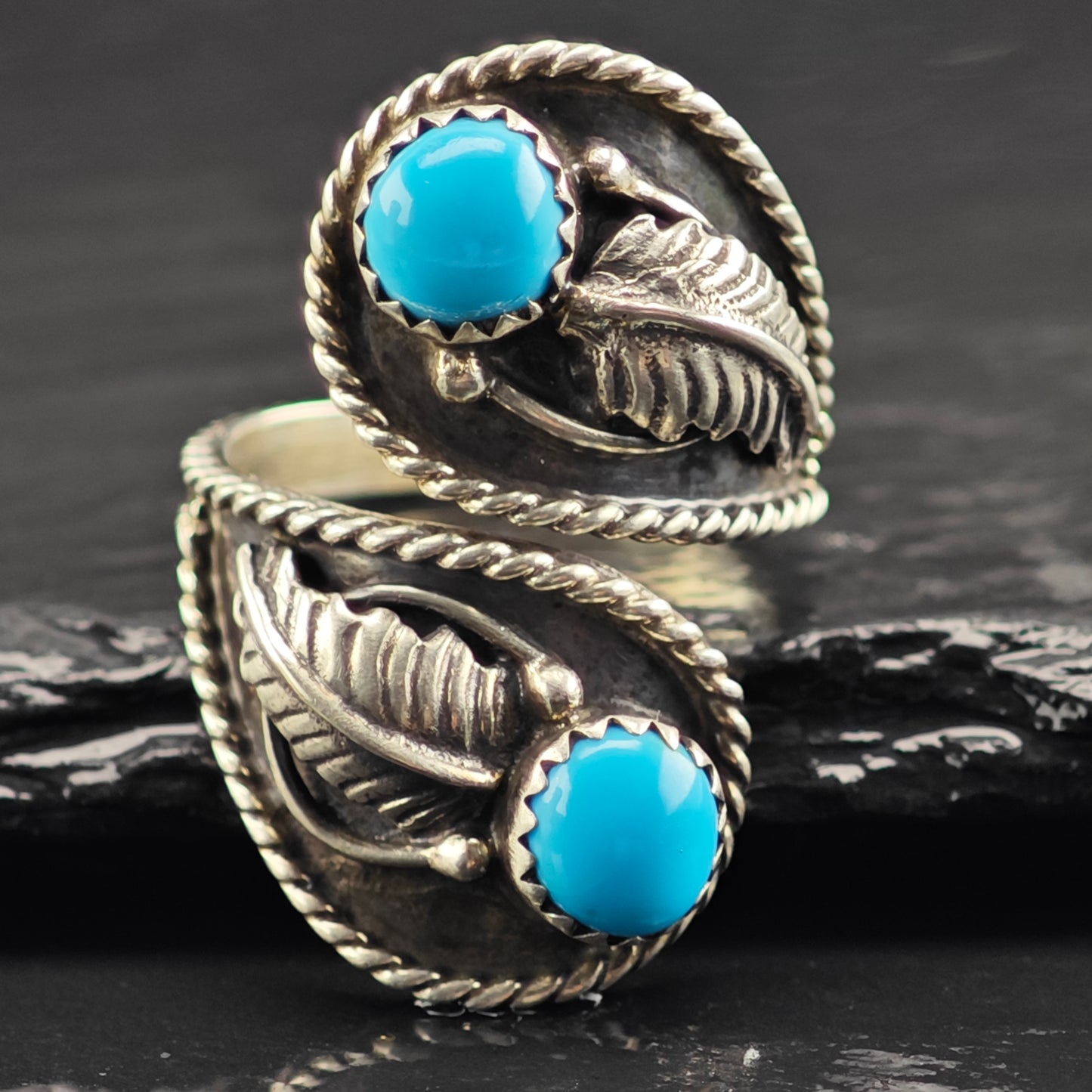 Sw Sleeping Beauty Turquoise Leaf Wrap Ring Sterling Silver Sz 7 1/2 R6420