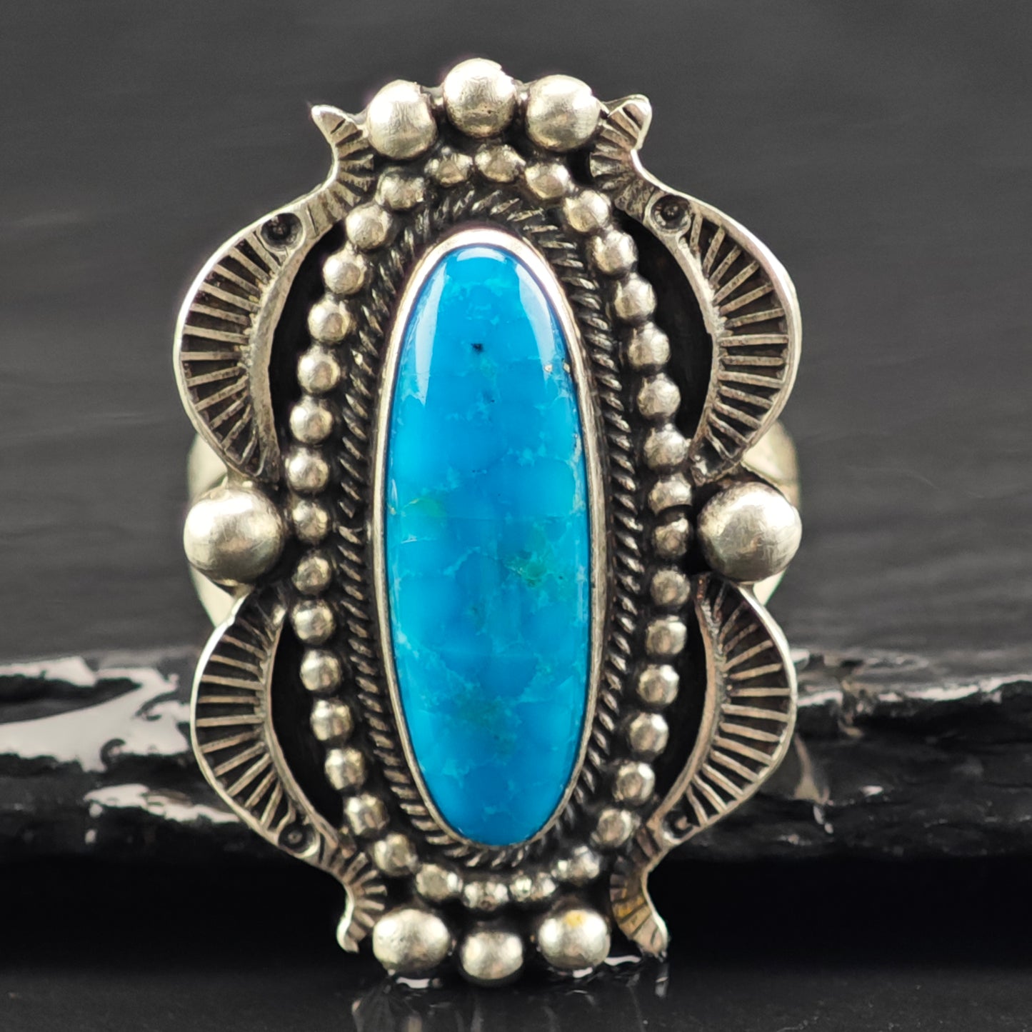 Running Bear Oval Turquoise Ring Sterling Silver Sz 8 1/2 R6421
