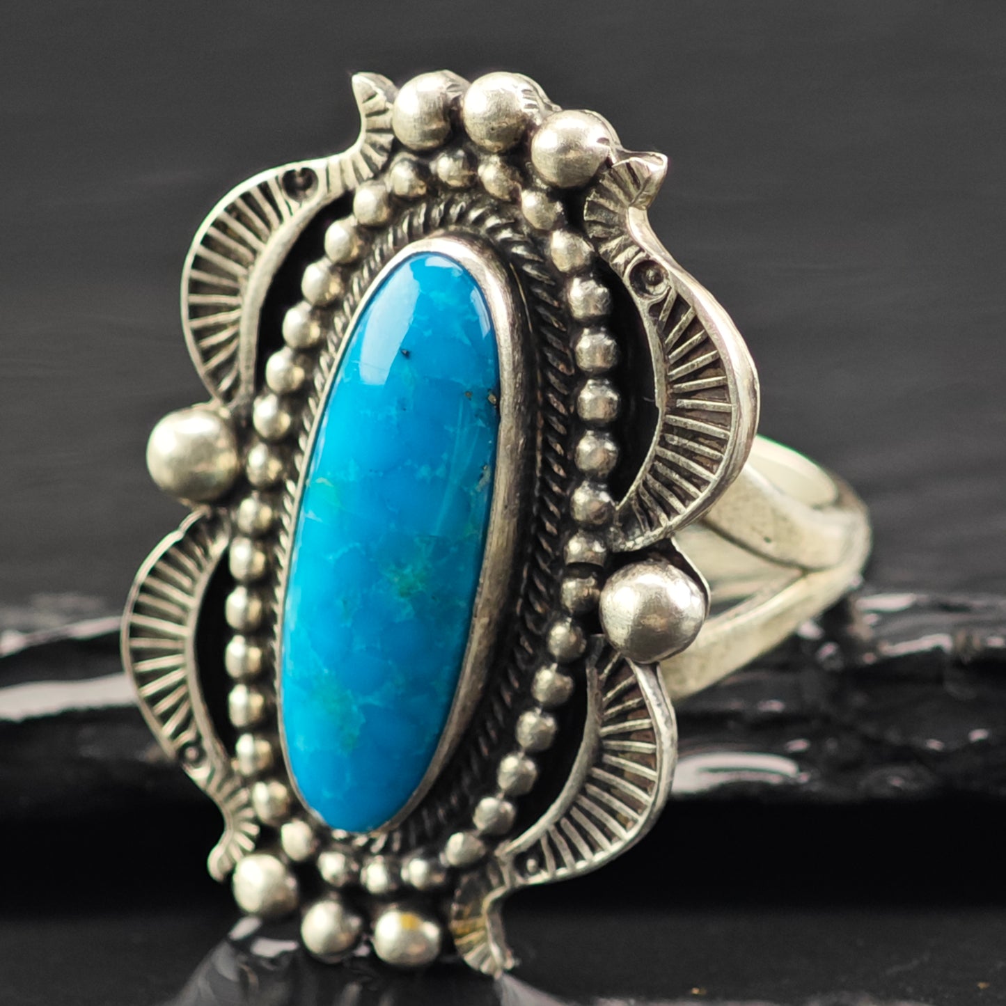 Running Bear Oval Turquoise Ring Sterling Silver Sz 8 1/2 R6421