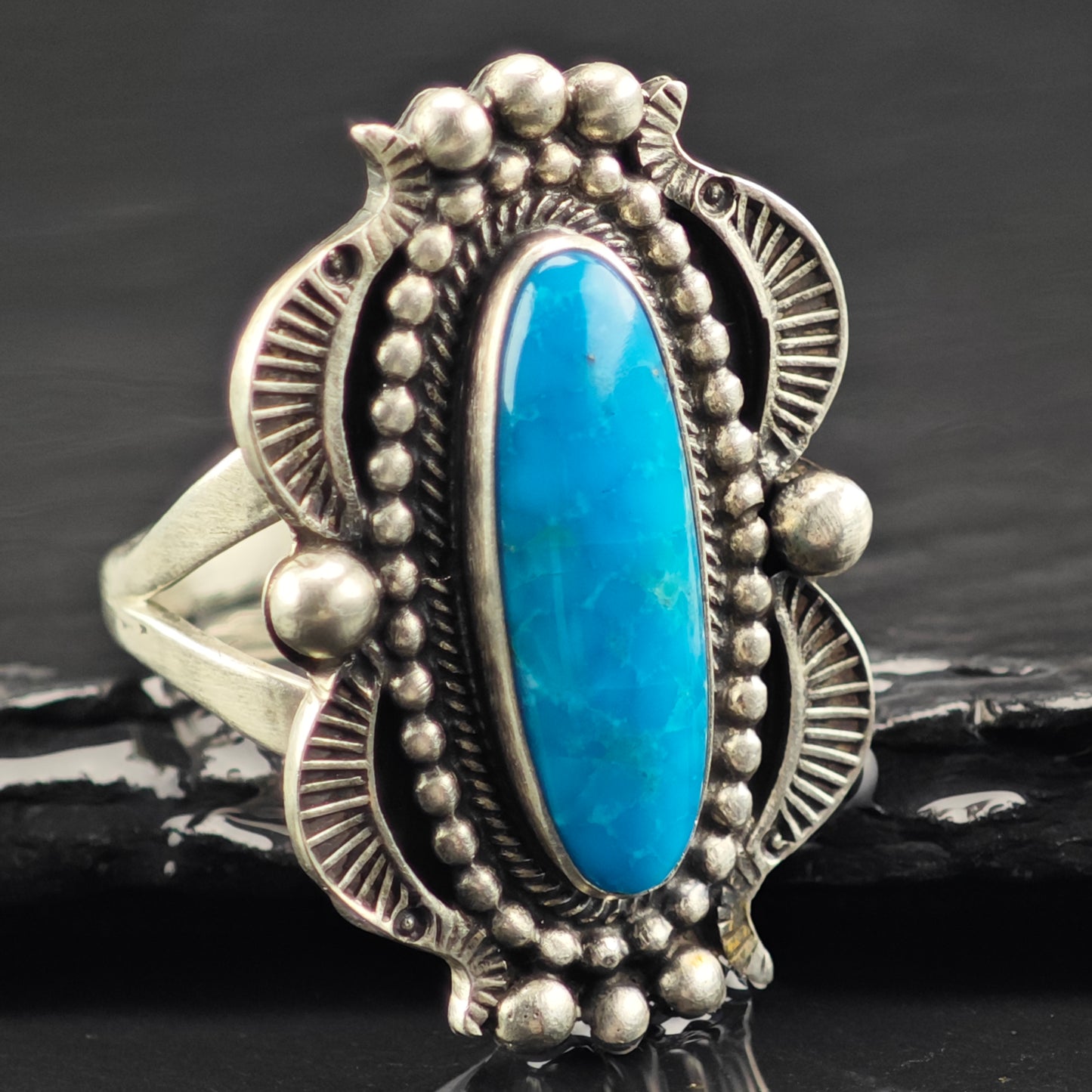 Running Bear Oval Turquoise Ring Sterling Silver Sz 8 1/2 R6421