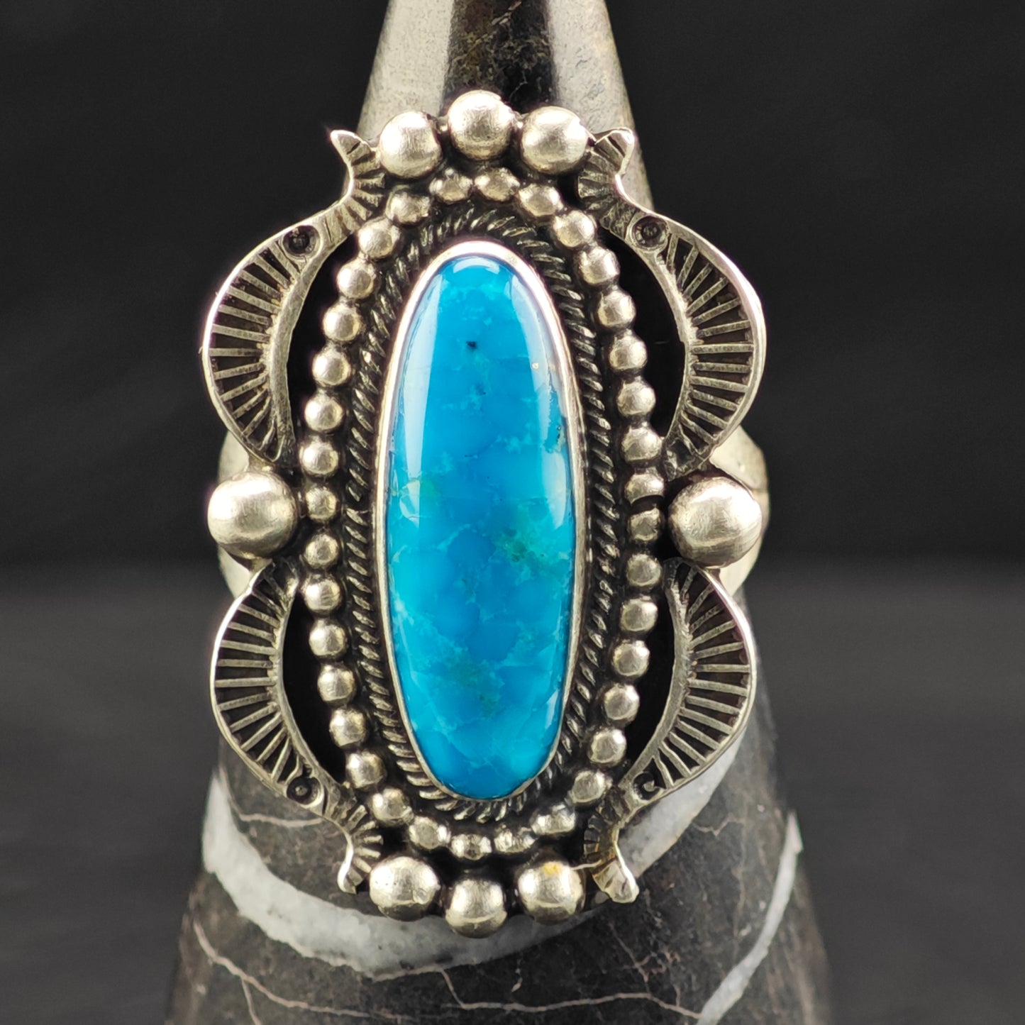 Running Bear Oval Turquoise Ring Sterling Silver Sz 8 1/2 R6421