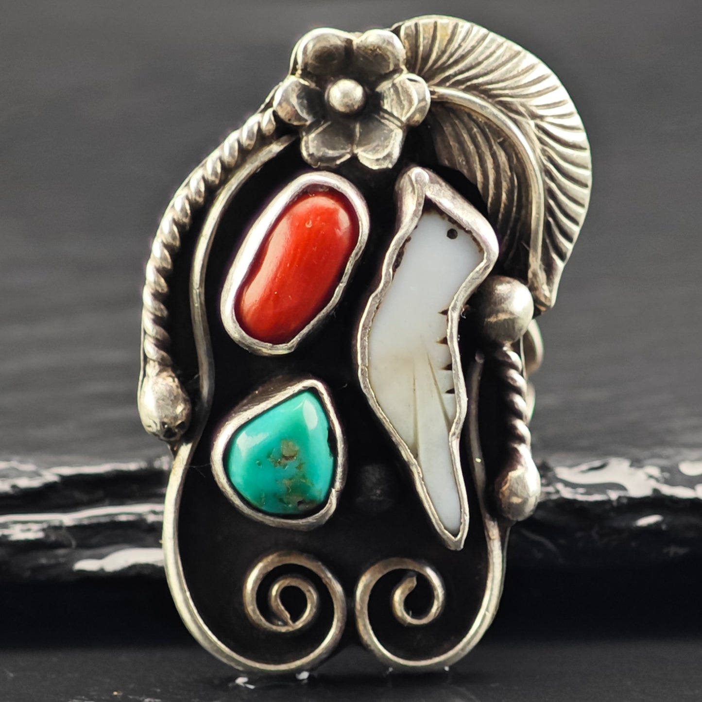 Signed Navajo Bird Floral Ring Sterling Silver Sz 8 1/2 R6423