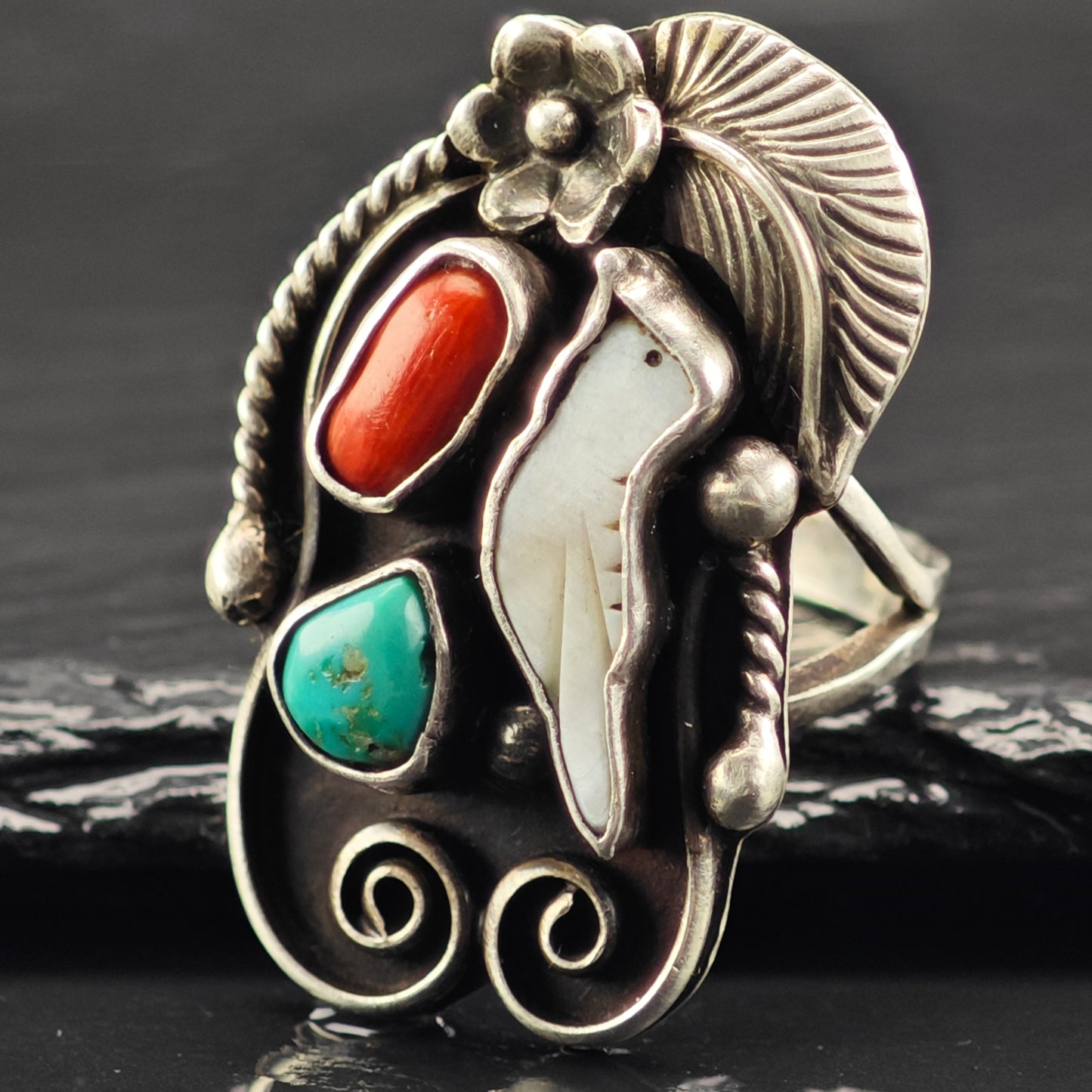Signed Navajo Bird Floral Ring Sterling Silver Sz 8 1/2 R6423